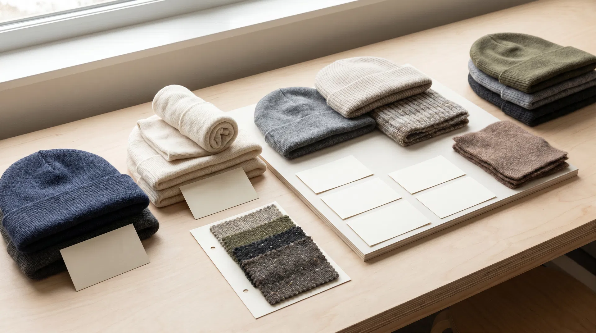Material selection workbench showing beanie samples, knit swatches and blank product decision cards