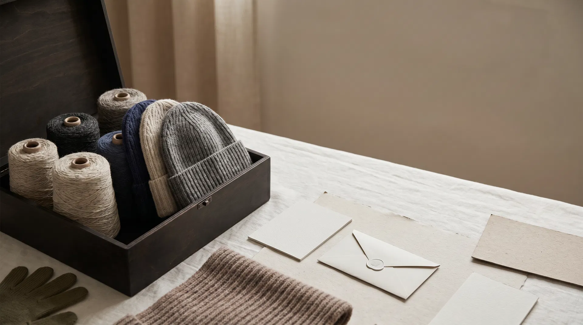 Curated yarn cones, beanies, knit swatches and inquiry envelope for a responsible materials project