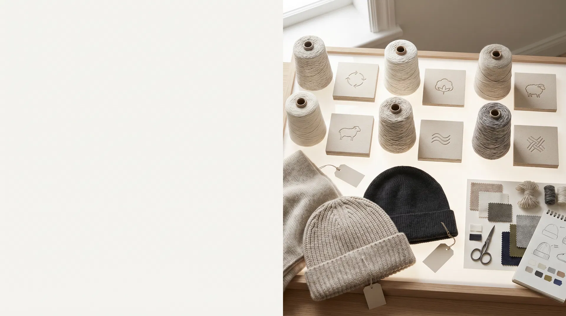 Premium yarn cones, knit beanies and material swatches for responsible custom knit product development