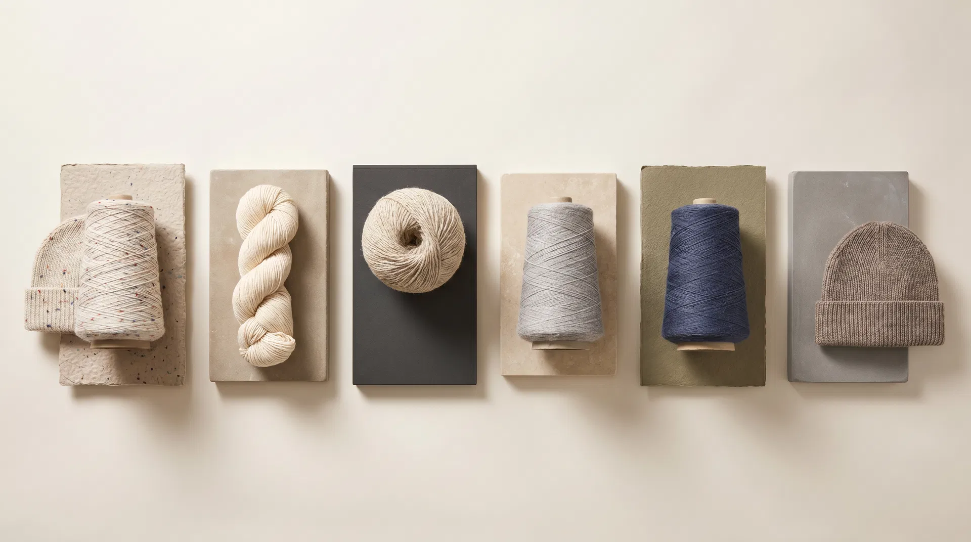 Six material option groups with yarn cones, skeins and finished knit product samples