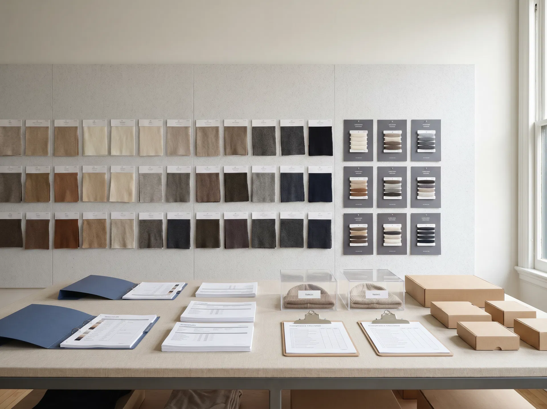 Sample review wall with knit swatches, specification sheets and packaging samples for retail buyers