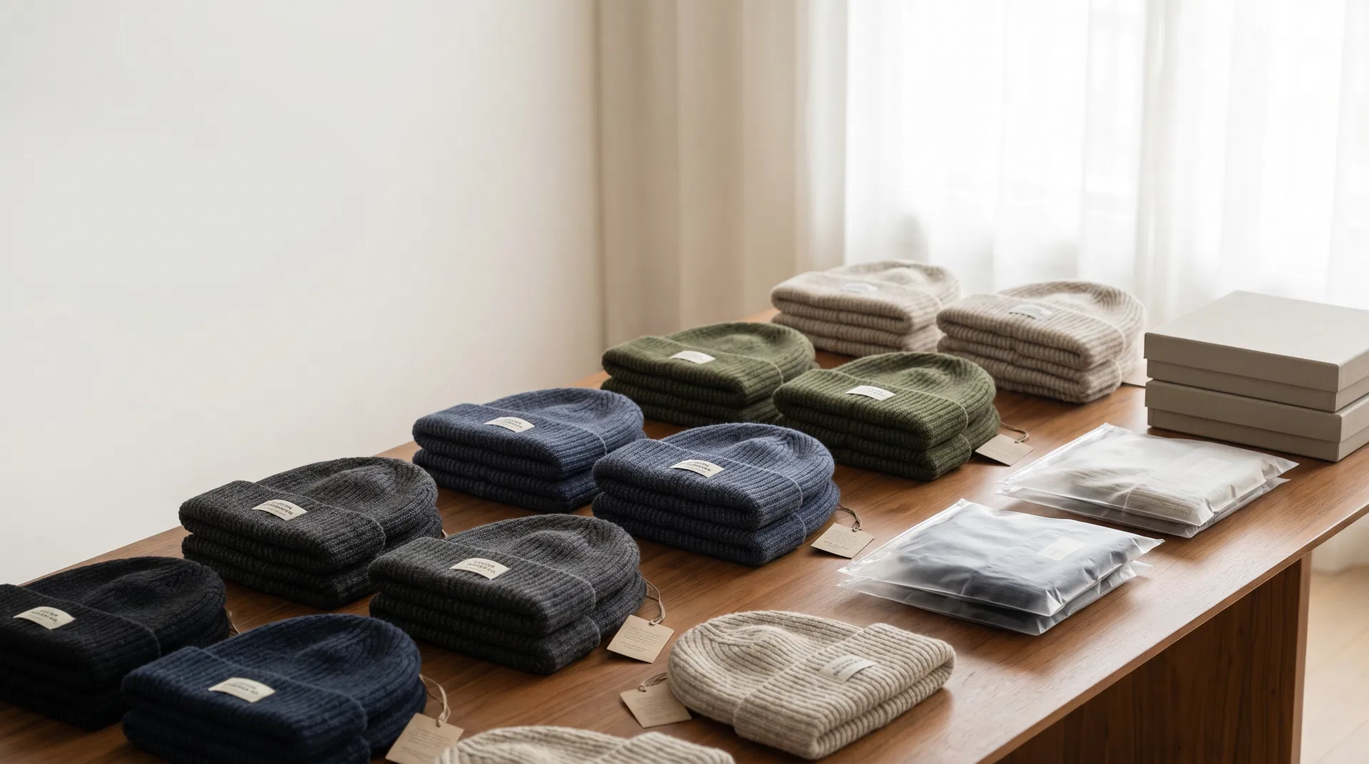 Organized private label beanie assortments with labels and retail-ready packaging on a showroom table
