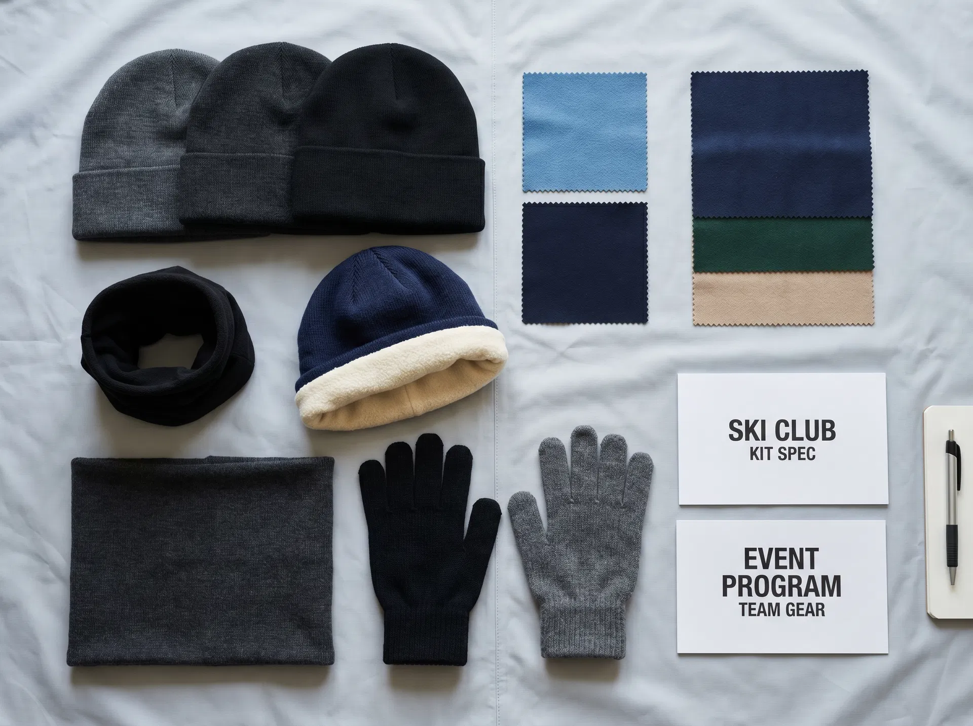 Organized winter sports kit layout with thermal beanies, fleece-lined beanie, balaclava, neck warmer, knit gloves, swatches and program specification cards
