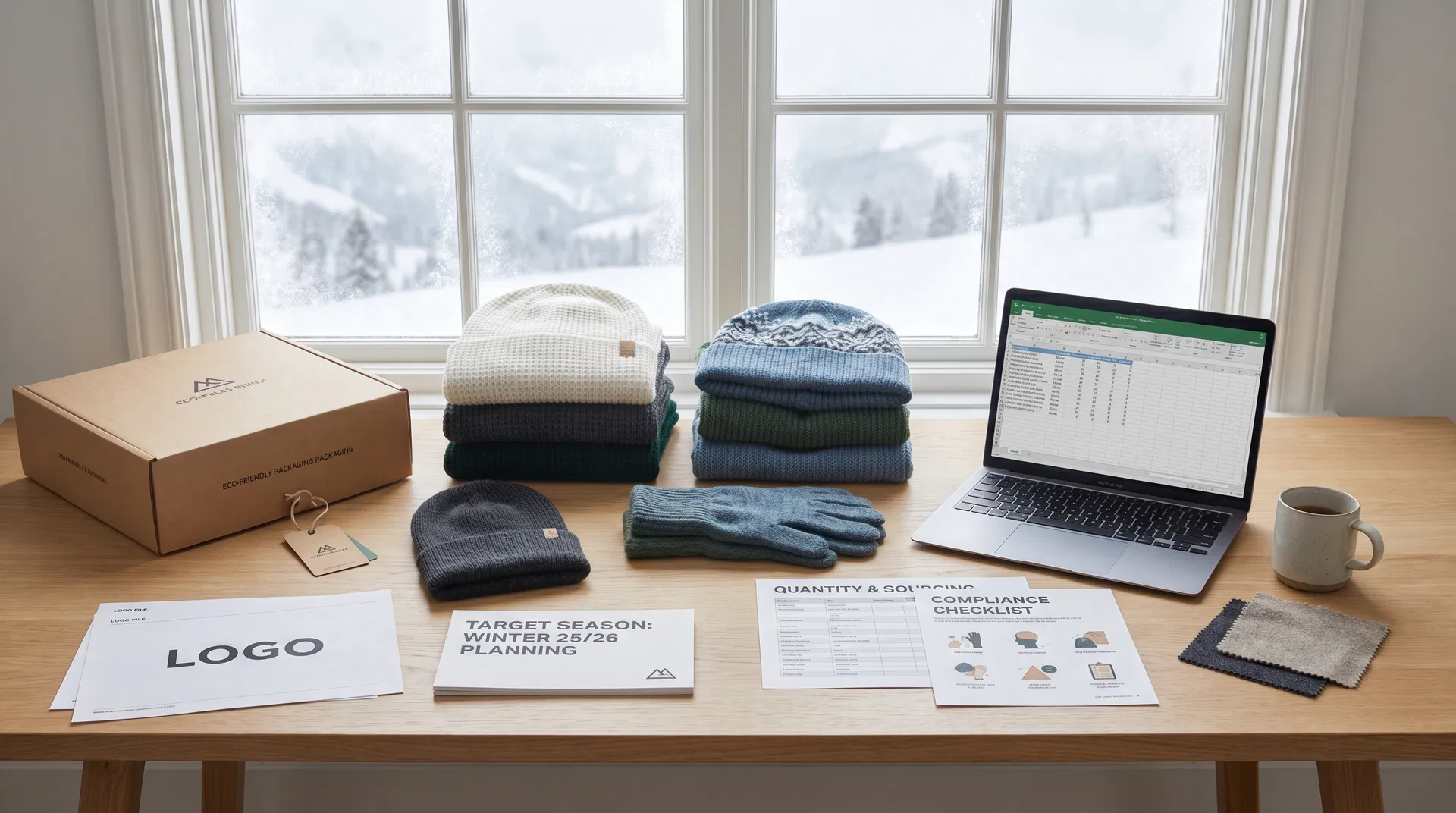 Winter sports knit program planning desk with folded thermal beanies, balaclava, neck warmer, gloves, logo file, target season planning card, compliance checklist and packaging box