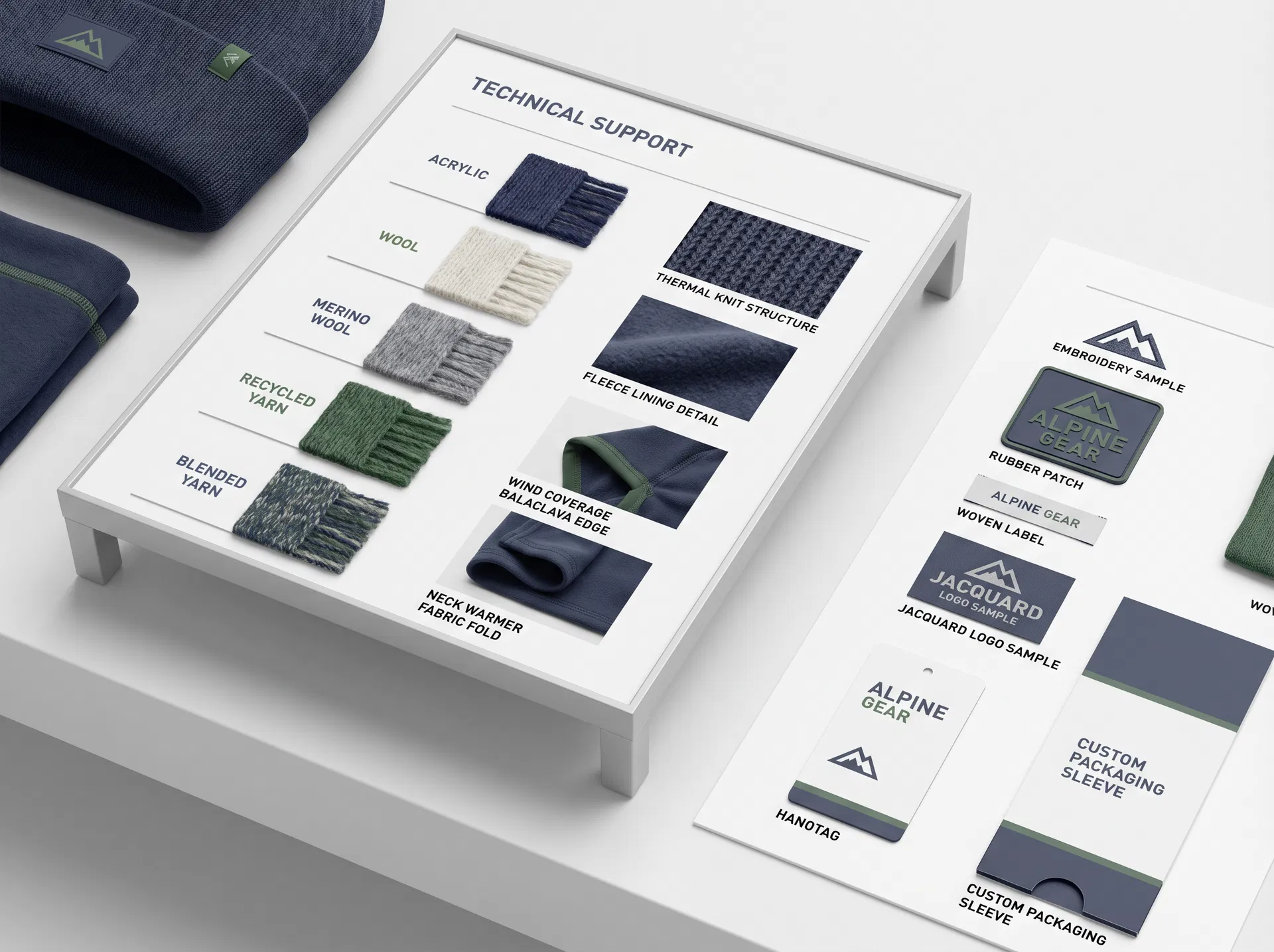 Technical support board showing yarn swatches, thermal knit structure, fleece lining, balaclava edge, neck warmer fold, embroidery, rubber patch, woven label, jacquard logo and packaging sleeve