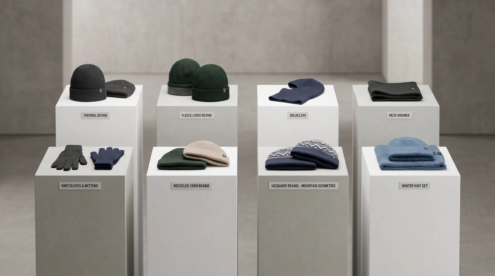 Premium product display of thermal beanies, fleece-lined beanies, balaclavas, neck warmers, knit gloves, recycled yarn beanies, jacquard beanies and winter knit sets