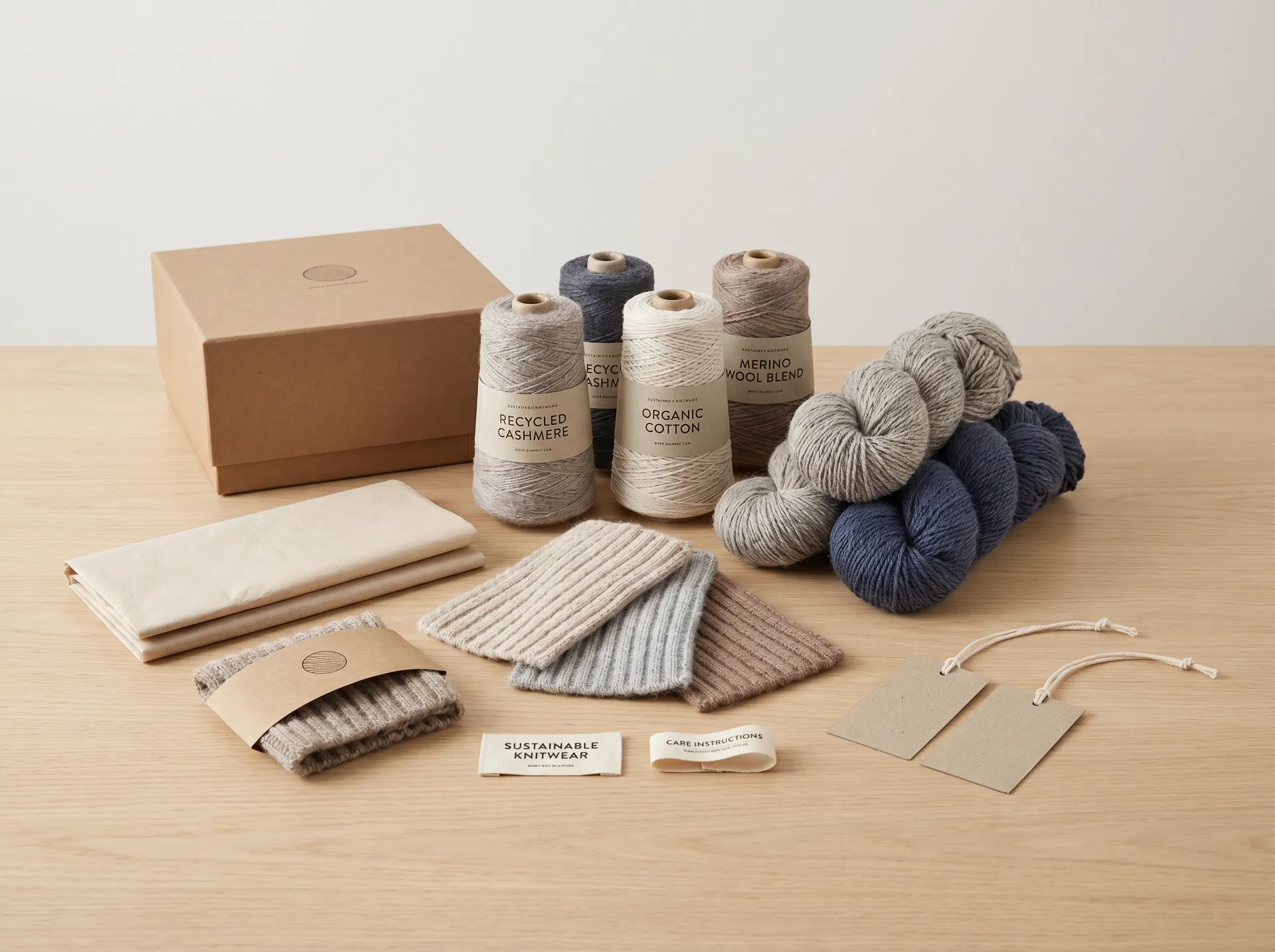 Close-up of yarn cones, knit swatches, eco packaging, hangtags and care labels for sustainable winter accessories