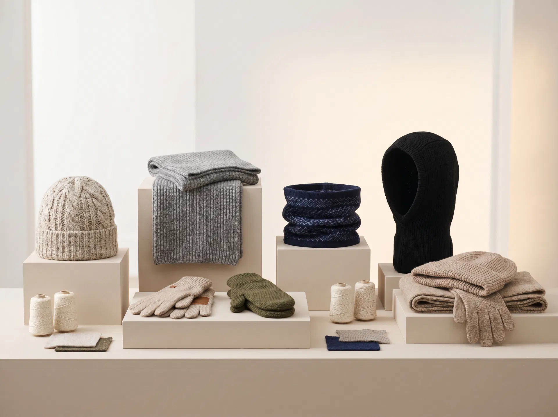 Premium display of sustainable beanies, scarves, gloves, neck warmers, balaclavas and winter knit sets