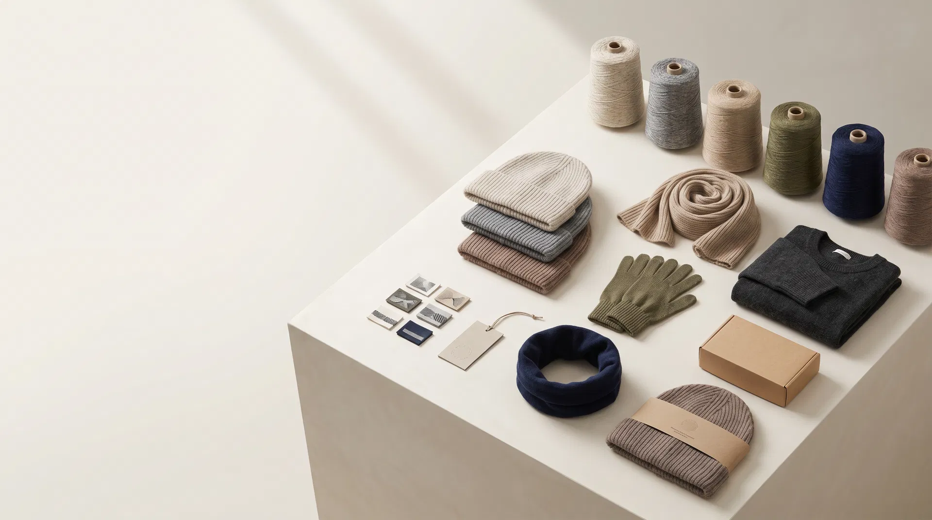 Curated sustainable winter accessories including beanies, scarf, gloves, yarn cones and eco packaging on a premium showroom table