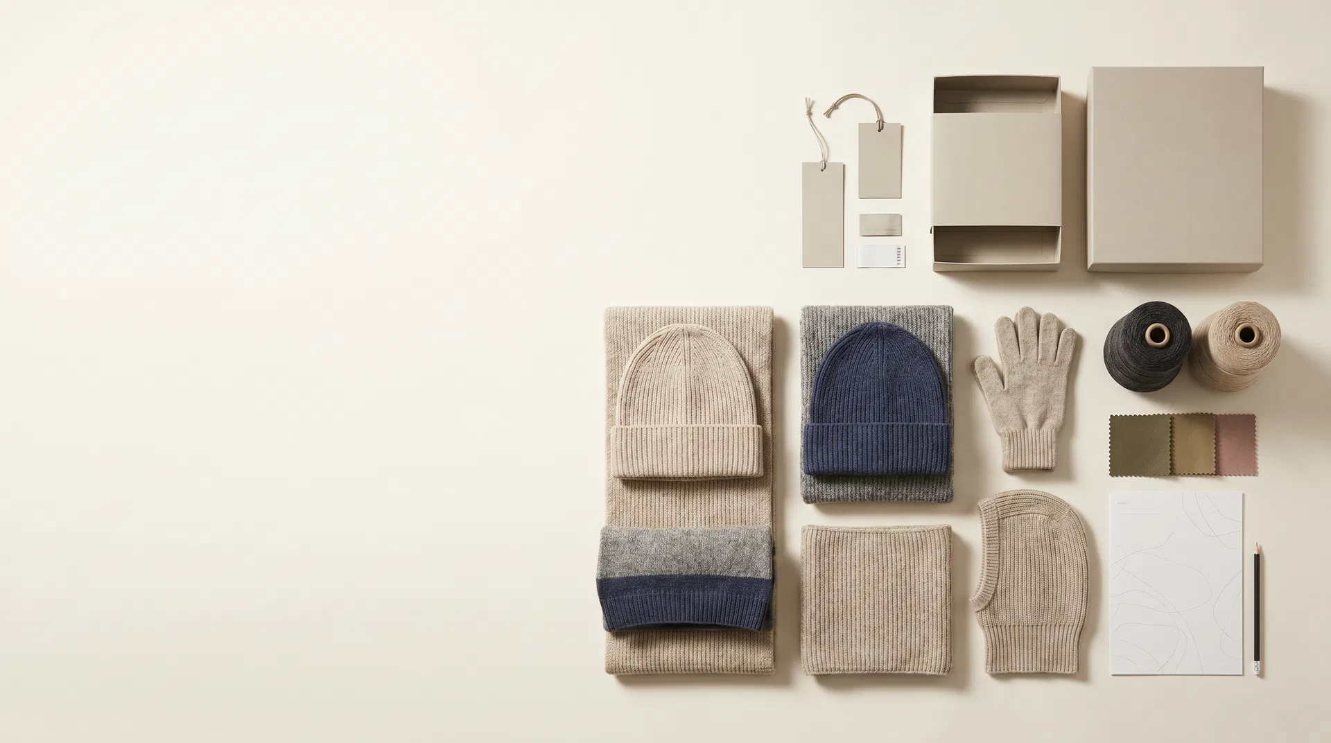 Final project desk with sustainable winter knit accessories, yarn cones, labels and eco packaging for collection planning