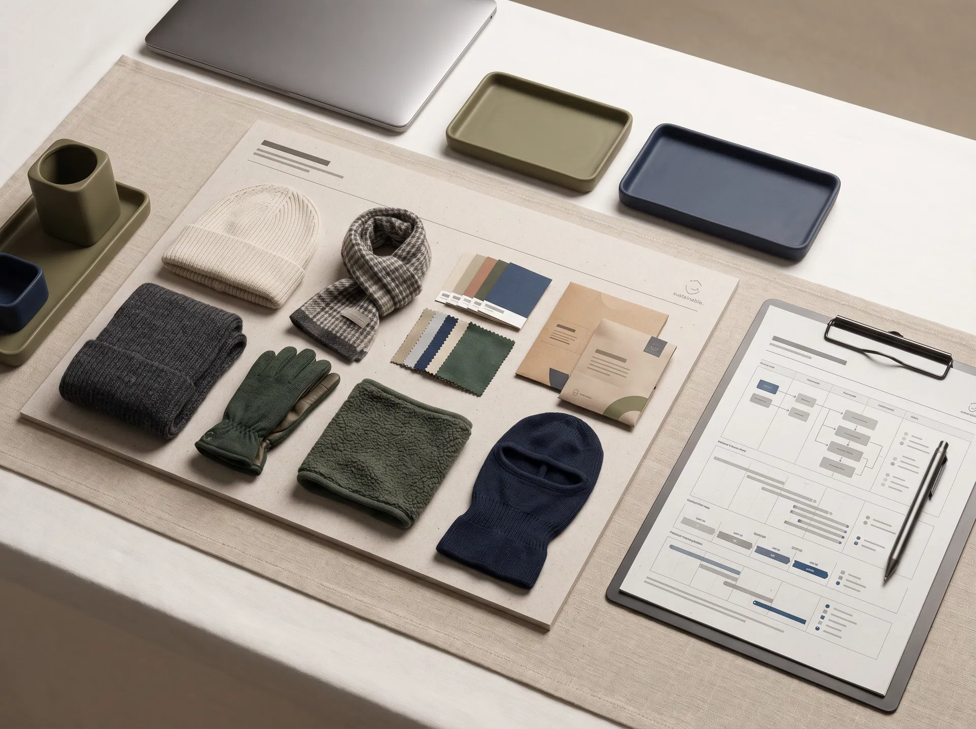 Sustainable winter accessory program planning table with knit product samples, swatches and packaging mockups