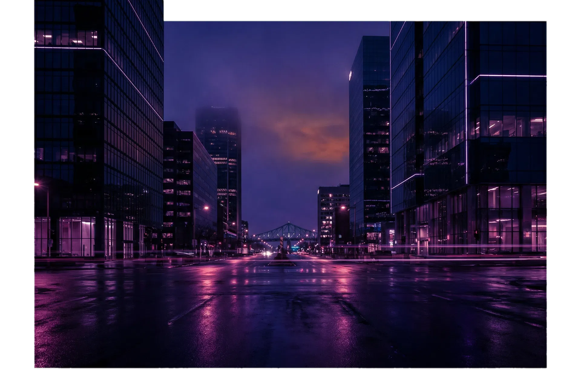 Montreal-inspired night scene with polished purple reflections