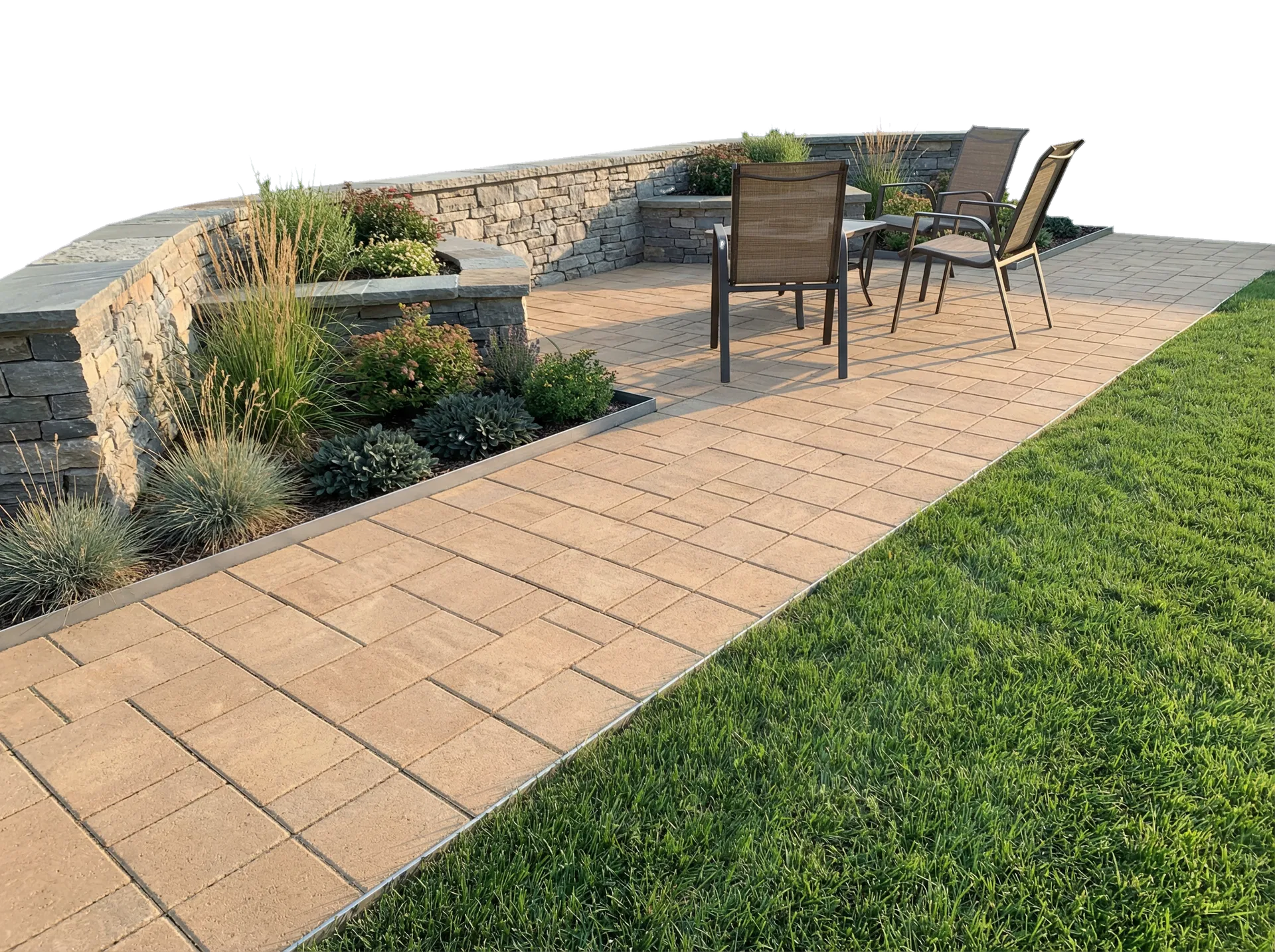Patio and retaining wall landscaping work with pavers and tidy lawn edge