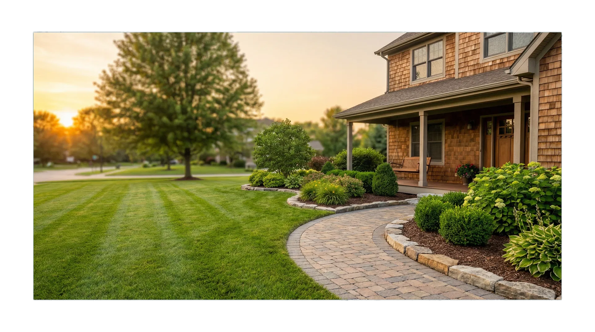 Freshly landscaped front yard with curved stone walkway and healthy planting beds