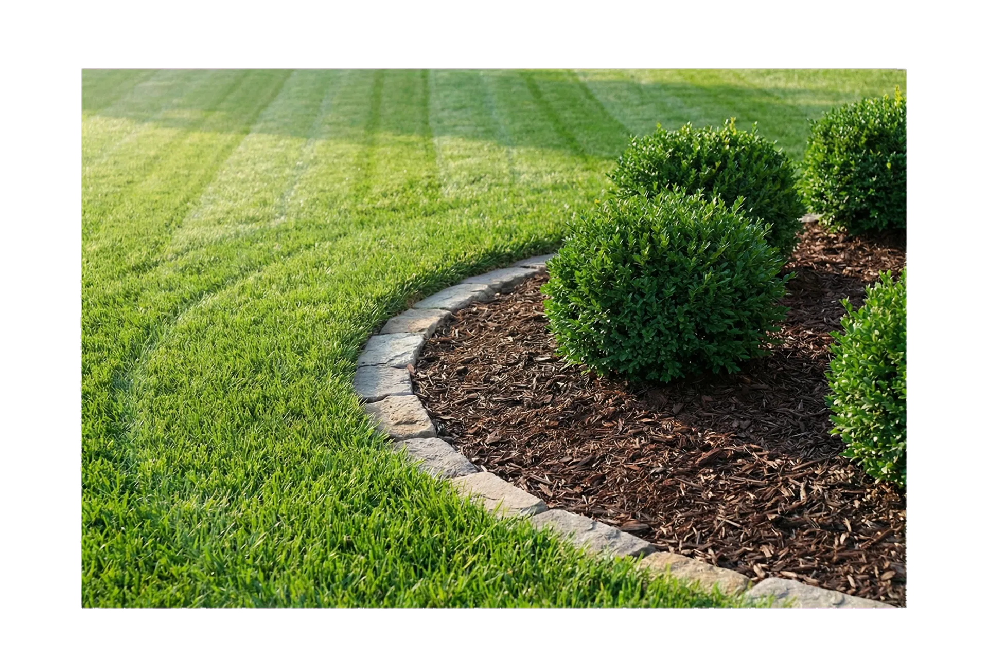 Close-up lawn care detail with striped grass and curved mulch edging
