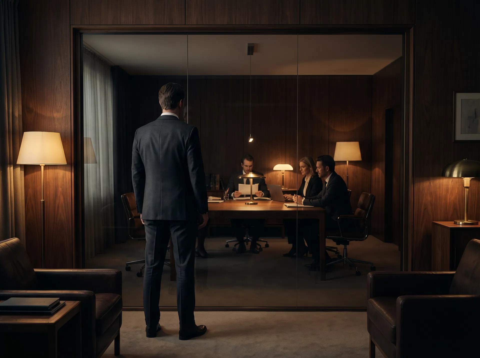 Właściciel firmy obserwujący pracę zespołu w eleganckim biurze zarządczym