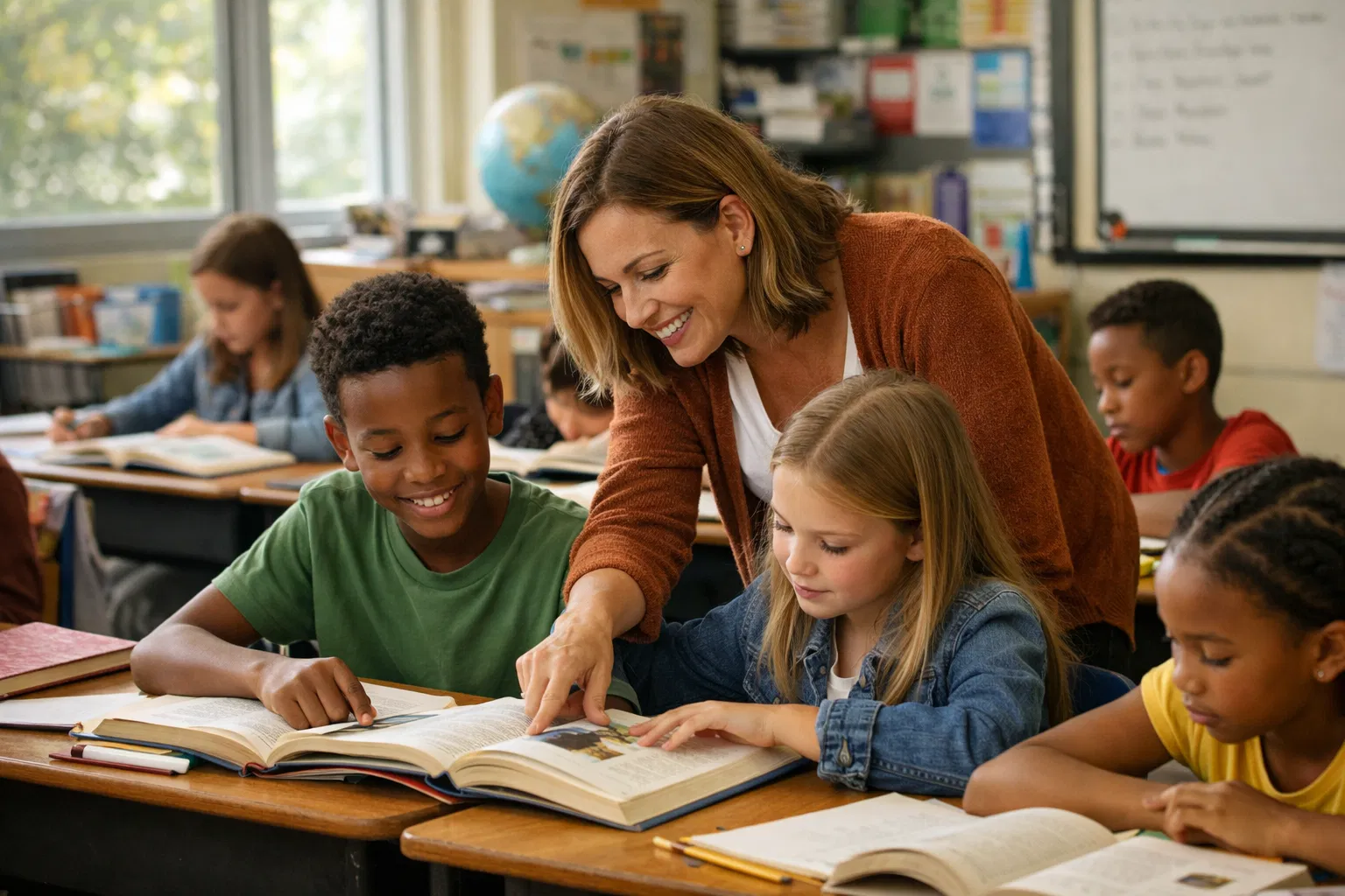 Teacher helping diverse students in classroom