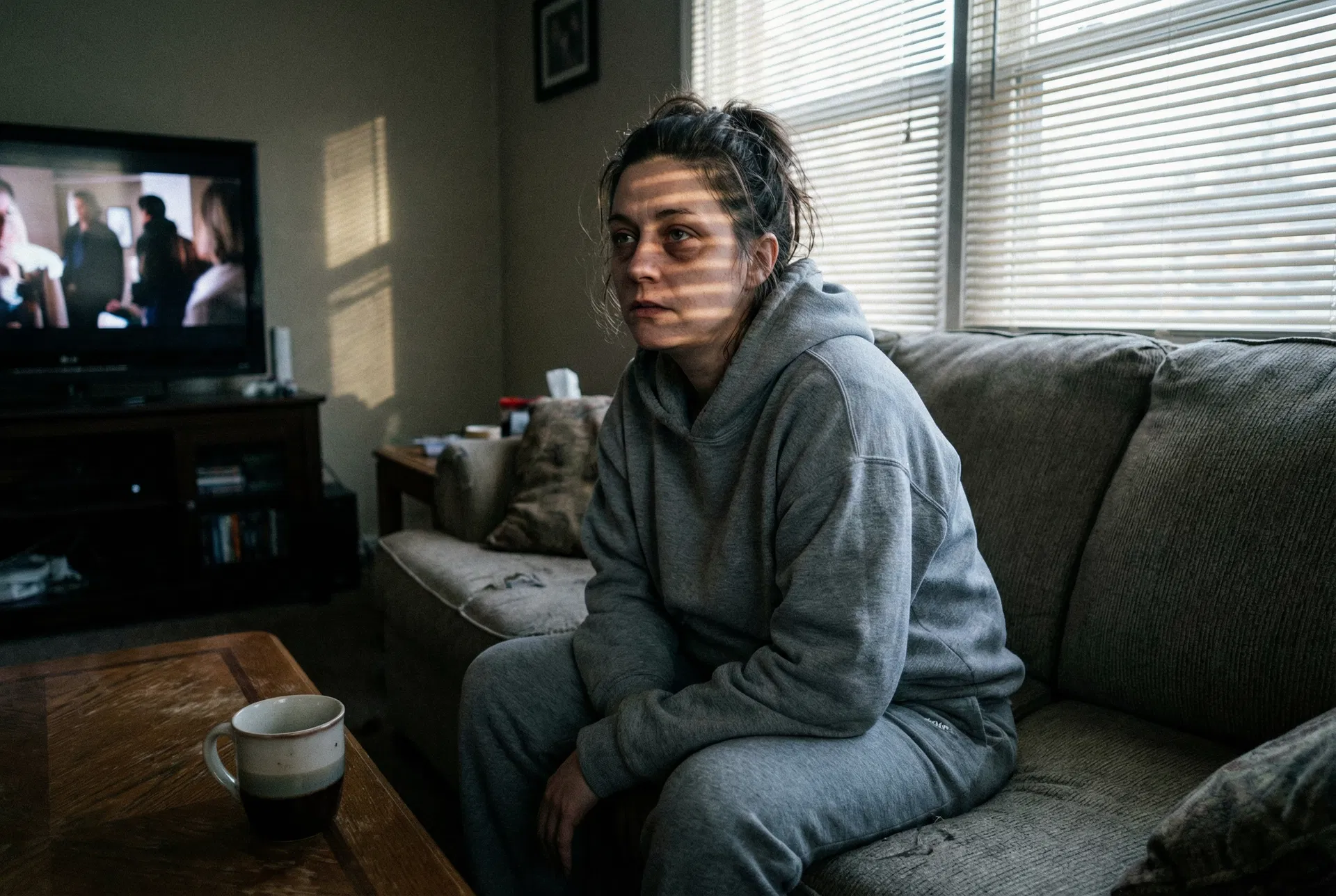 Woman sitting on couch staring blankly, completely disconnected