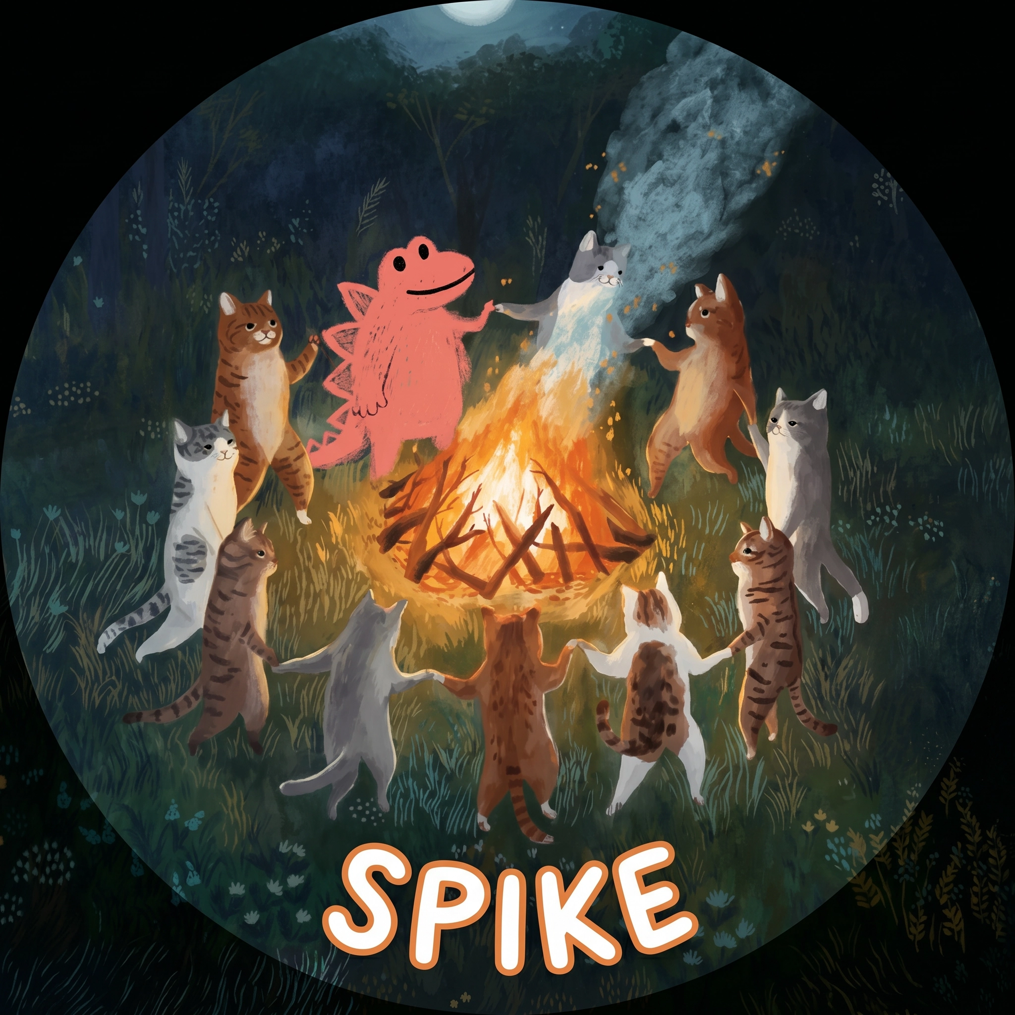 Spike dragon dancing around a campfire with cats