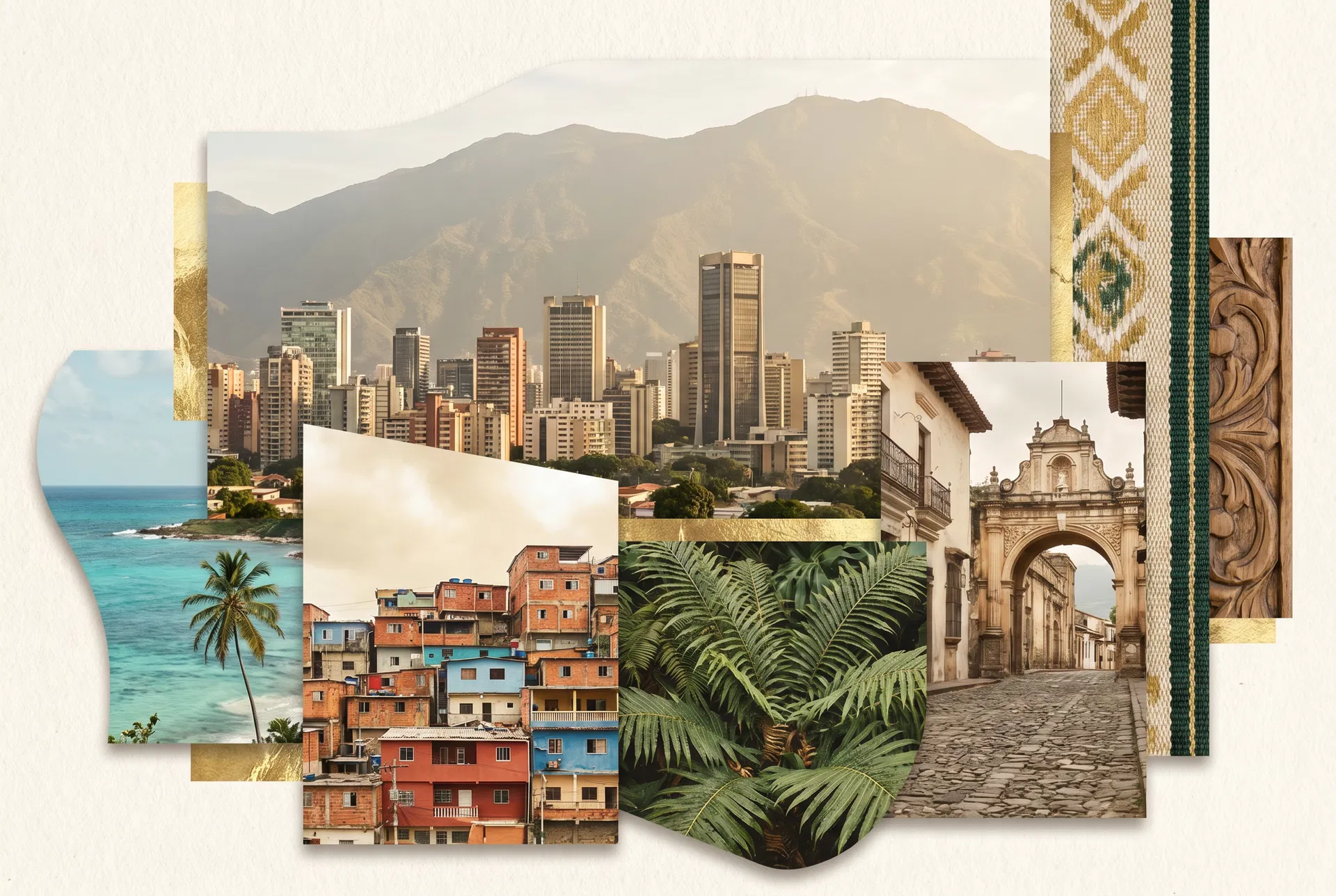 Collage editorial con destinos y texturas de Venezuela