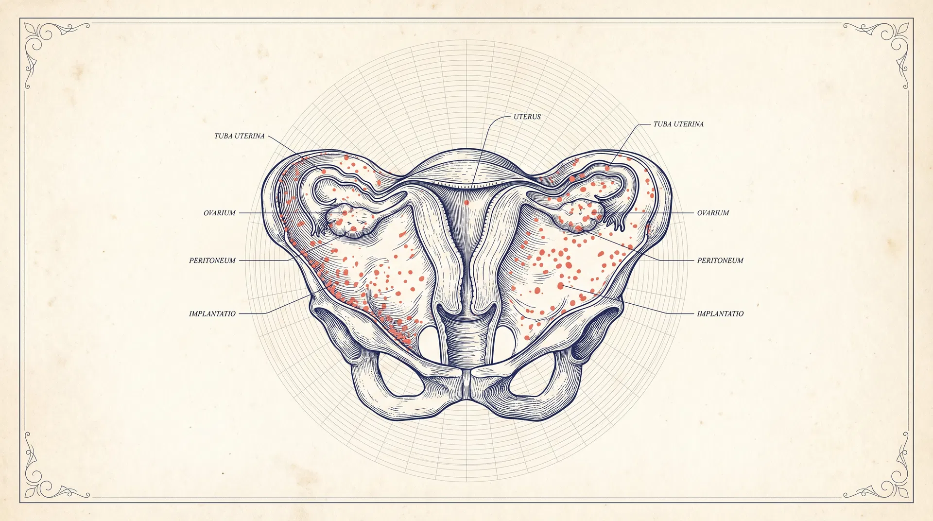 Editorial anatomical plate of the female pelvis with endometriotic implants