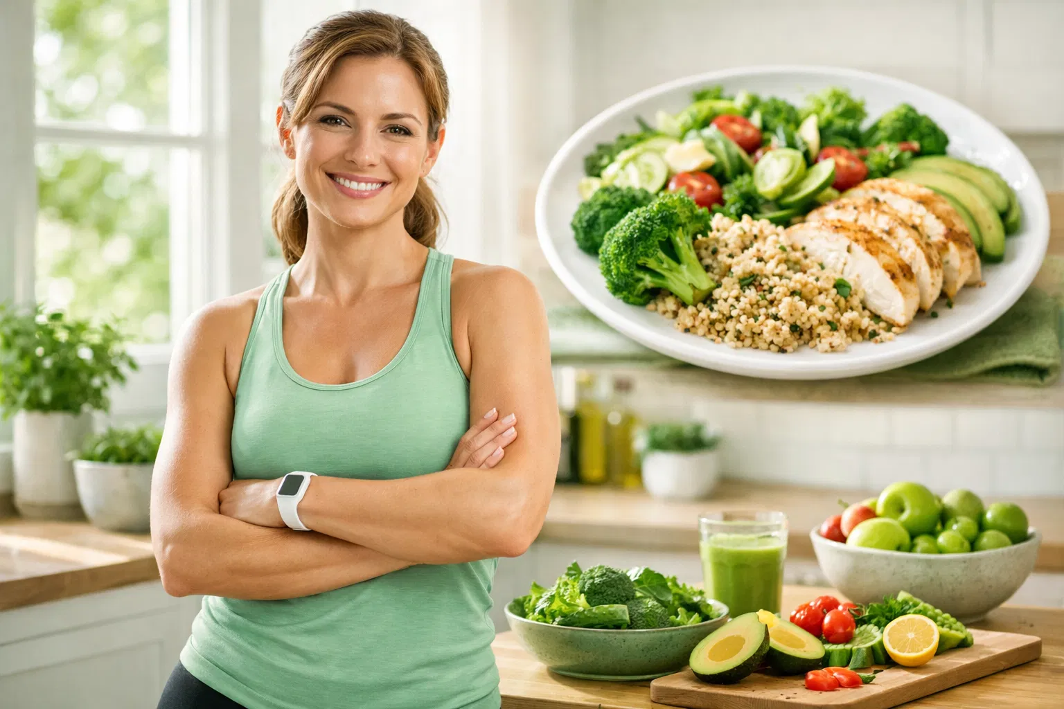 Mulher saudável com alimentação balanceada e hábitos saudáveis