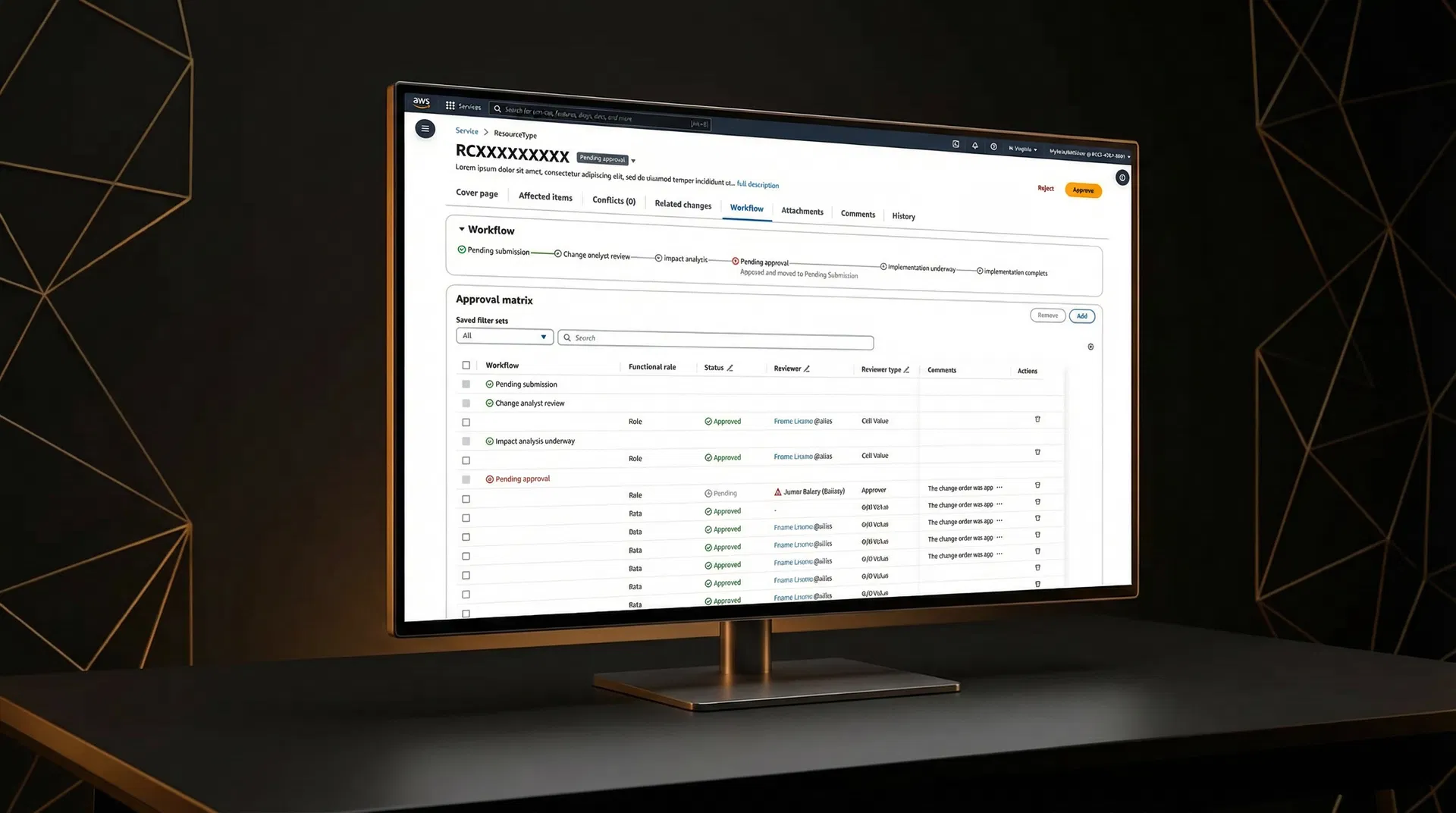 Approval matrix with inline editing, workflow stepper, and grouped routing by functional role