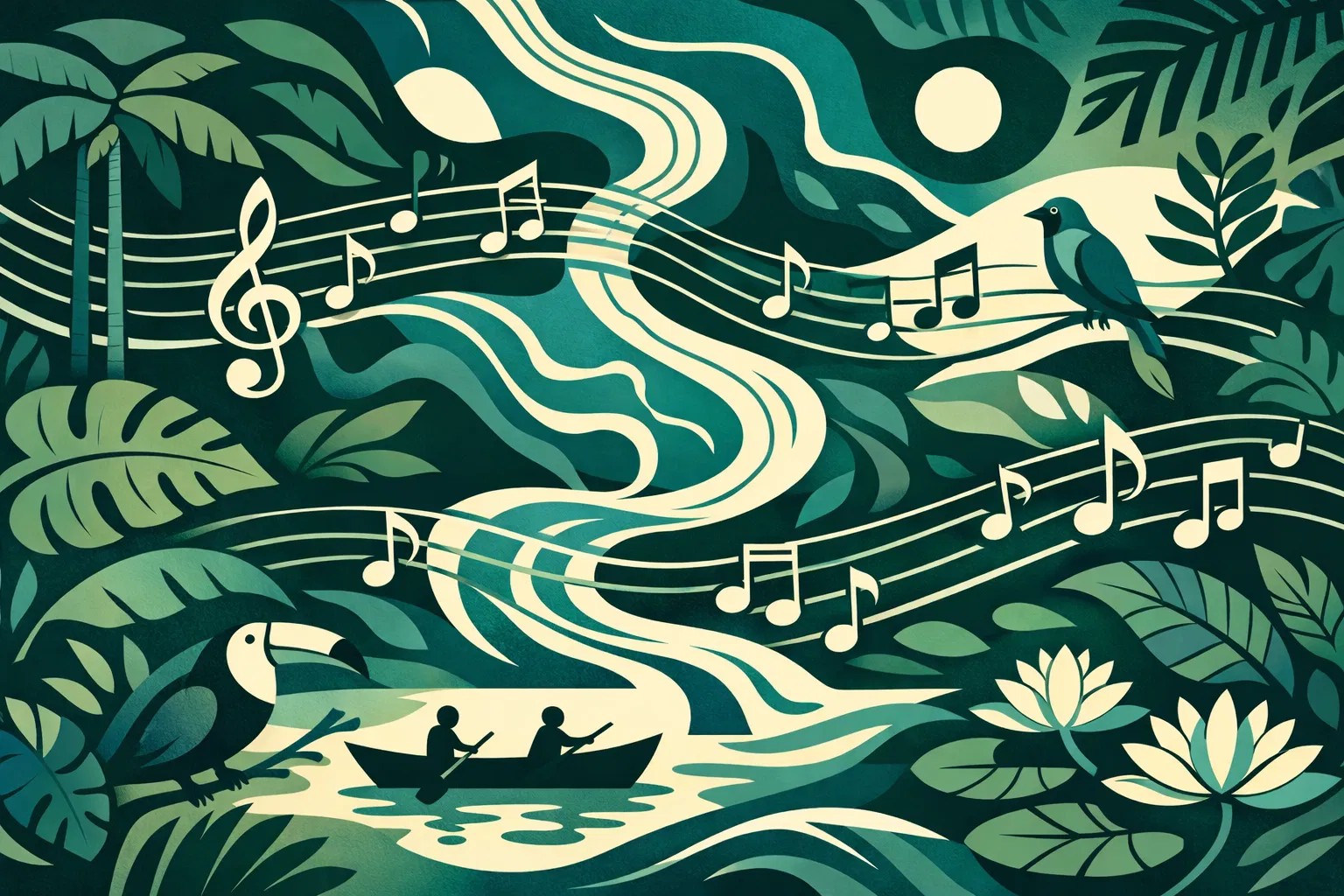 Paisagem da Amazônia com instrumentos musicais