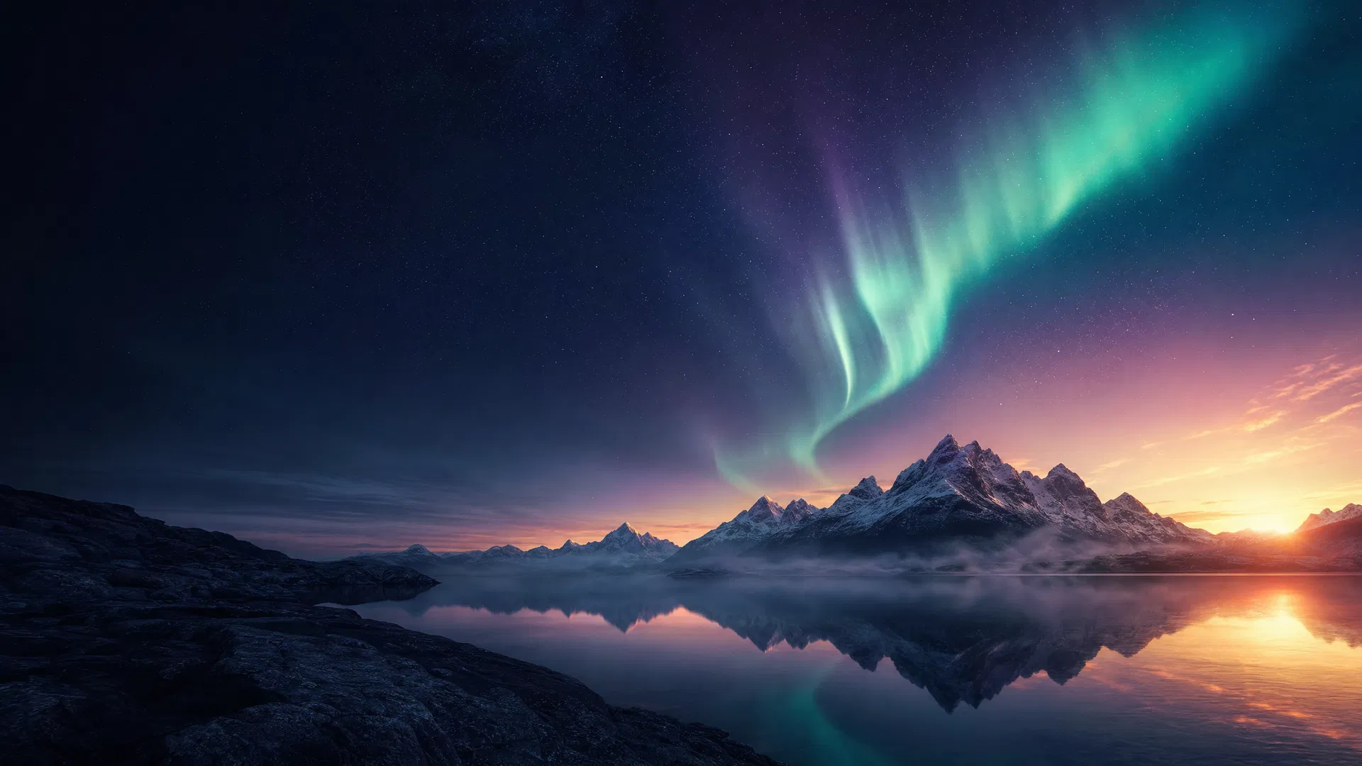 Paisaje de aurora boreal sobre un lago al amanecer