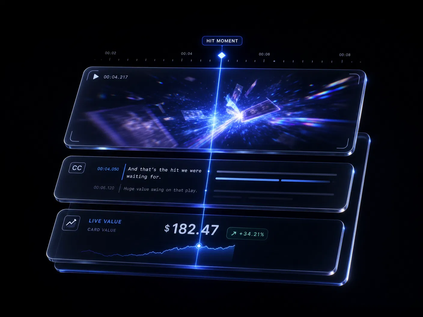 HitReel AI timeline with captions and live card-value overlay