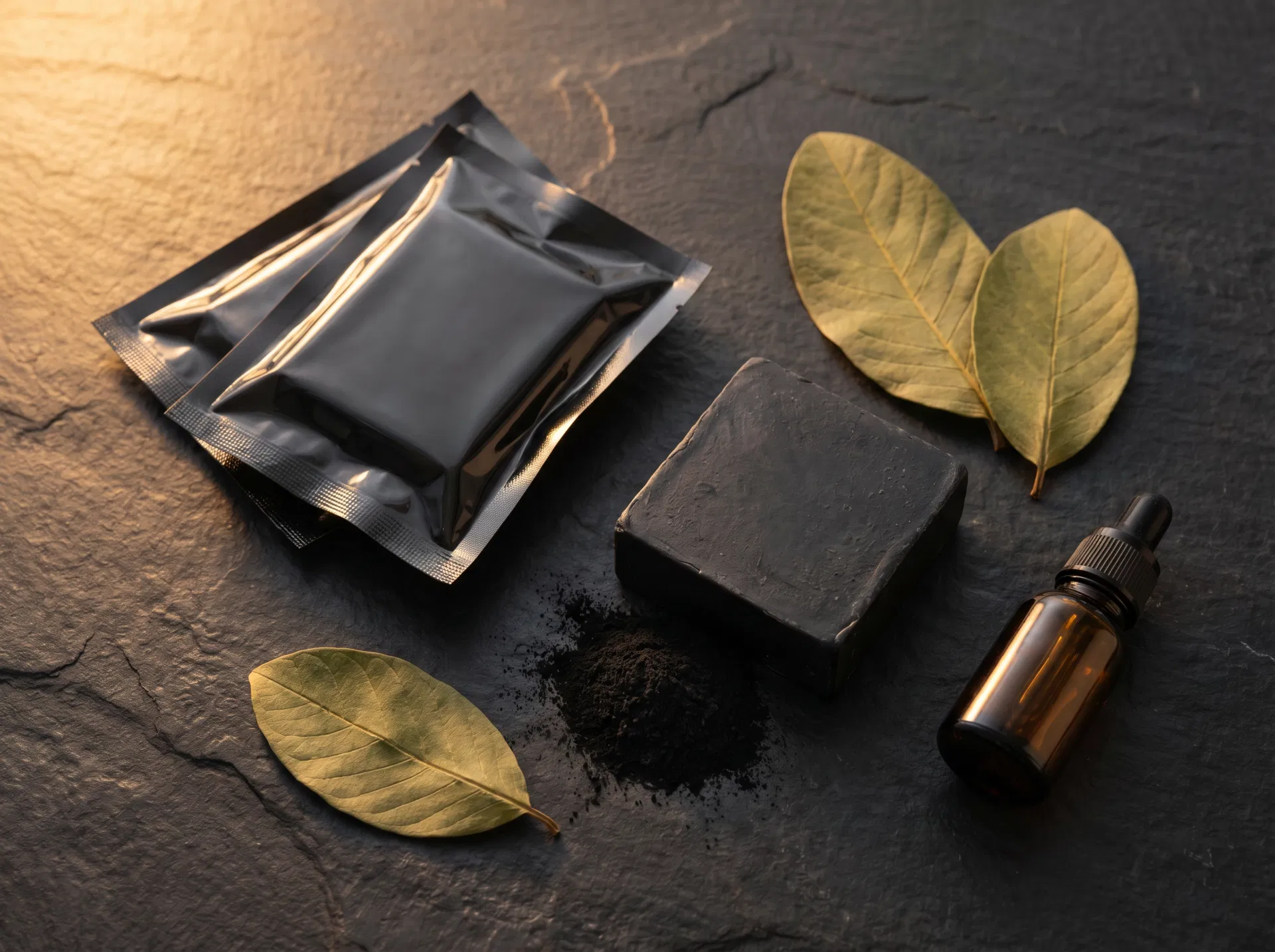 Flatlay of Aika's charcoal soap ingredients