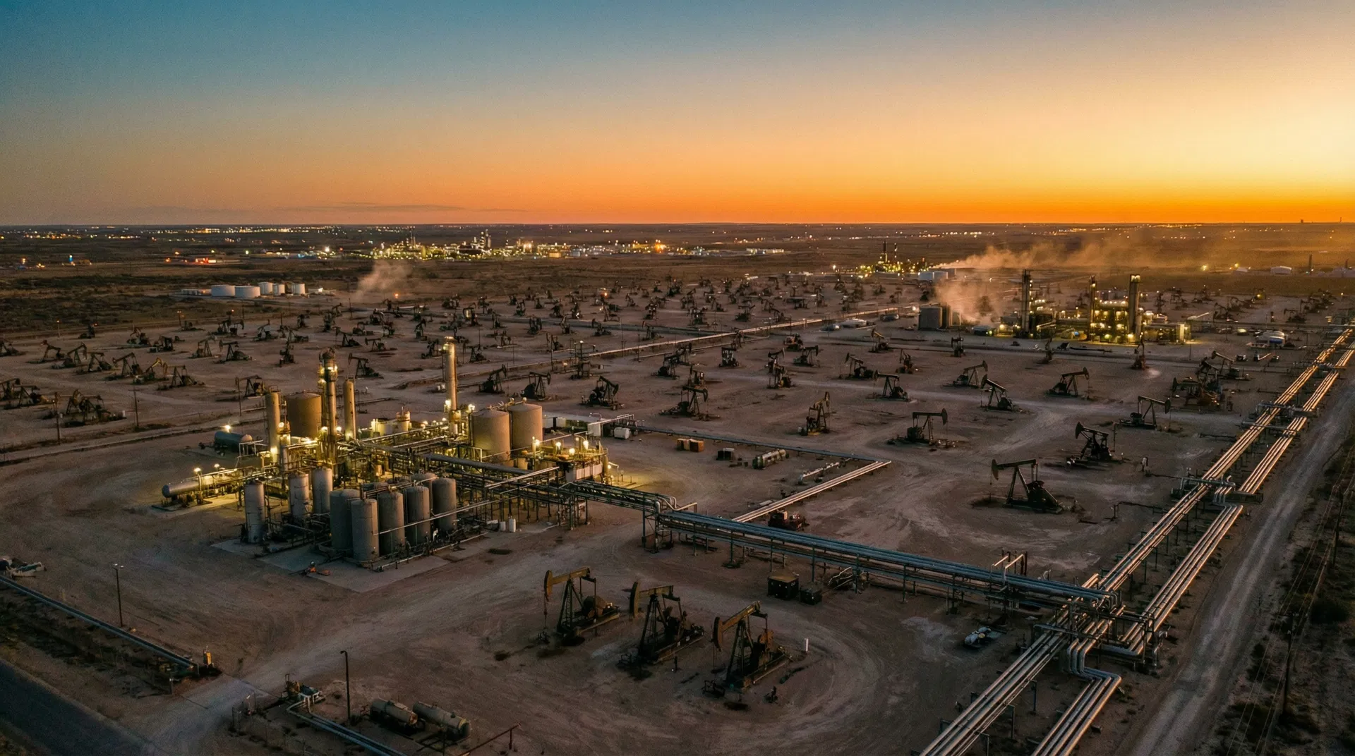 Aerial view of Permian Basin oil and gas facilities at sunset near Odessa TX