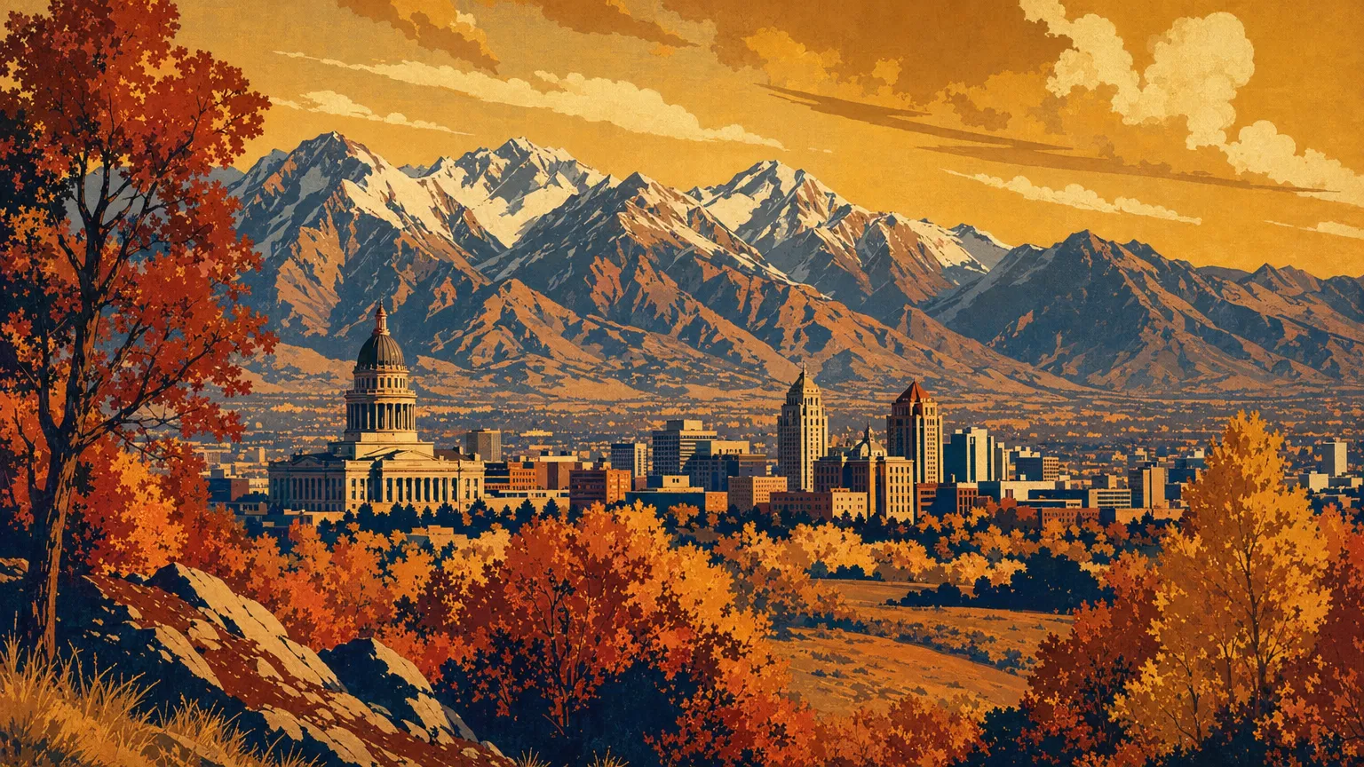 Vintage illustration of autumn Salt Lake City with the Wasatch Mountains and the Utah State Capitol