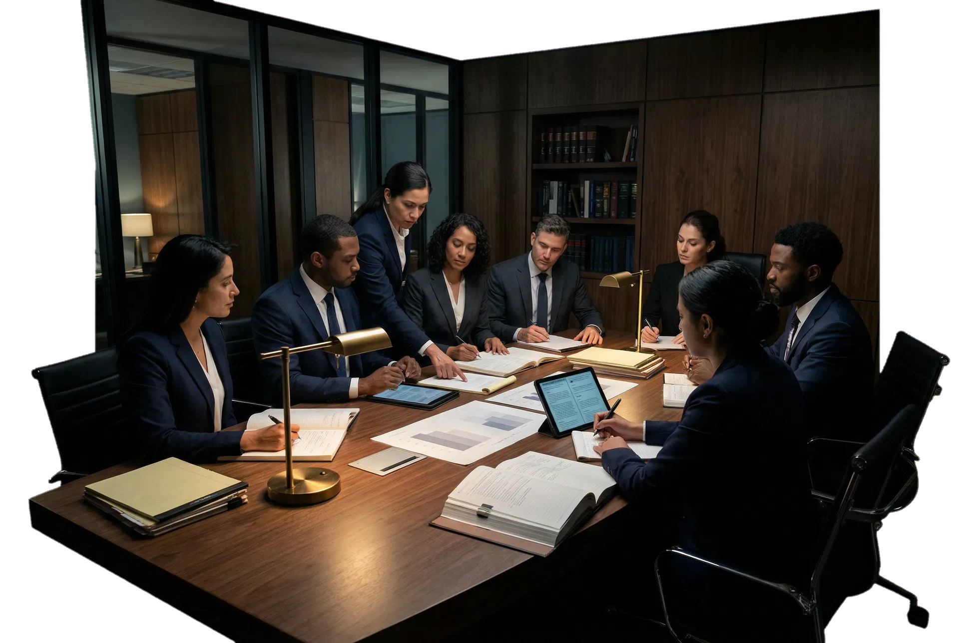 Legal strategy meeting communicating preparation and authority