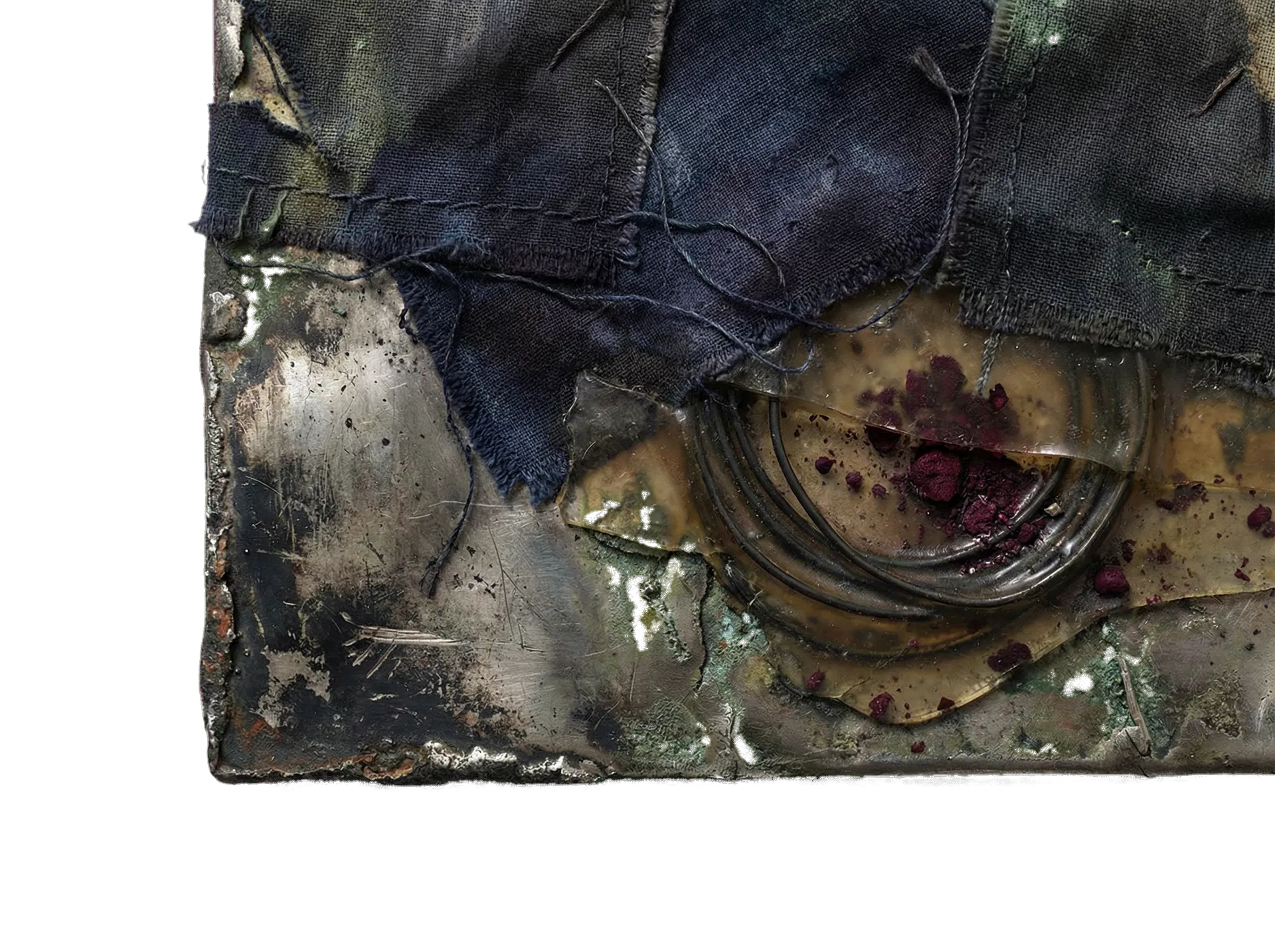 Material detail of oxidized metal, cloth, wire, and dark pigment