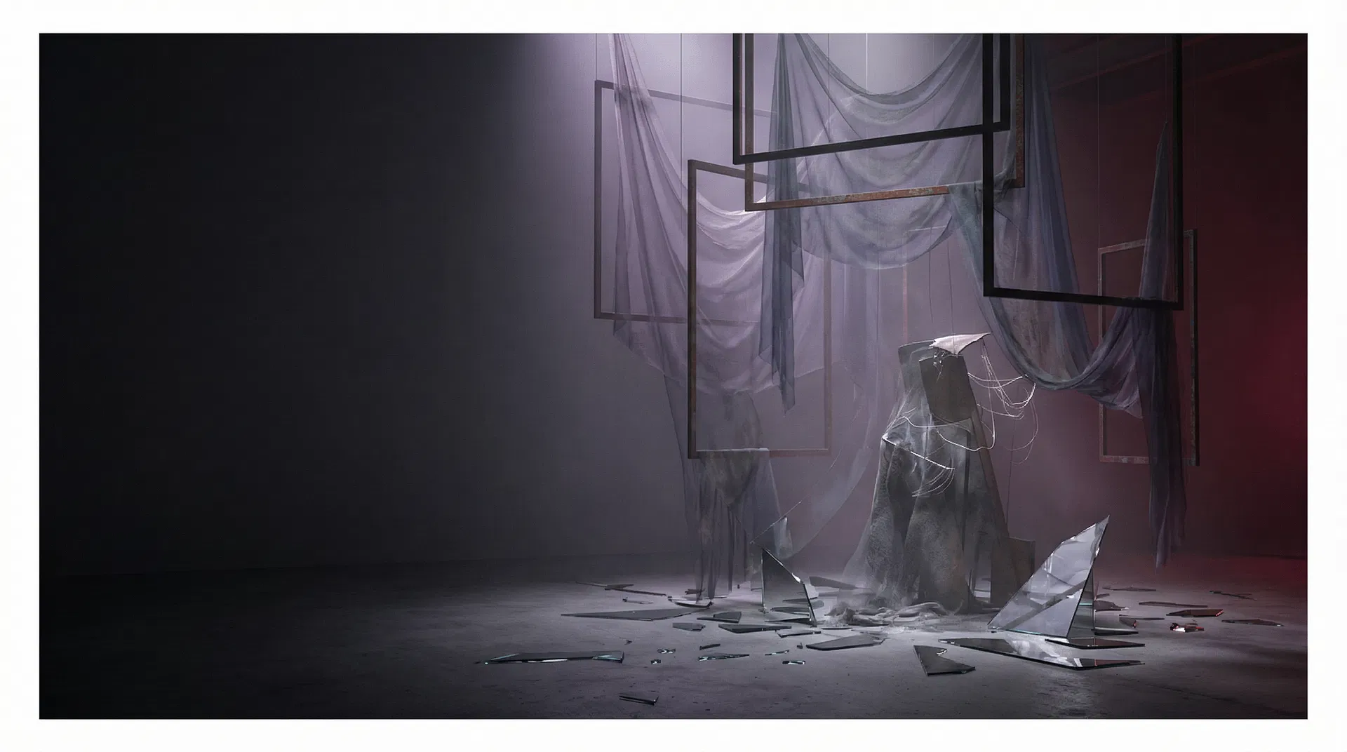 Atmospheric installation-like chamber with suspended frames, draped fabric, and reflective fragments