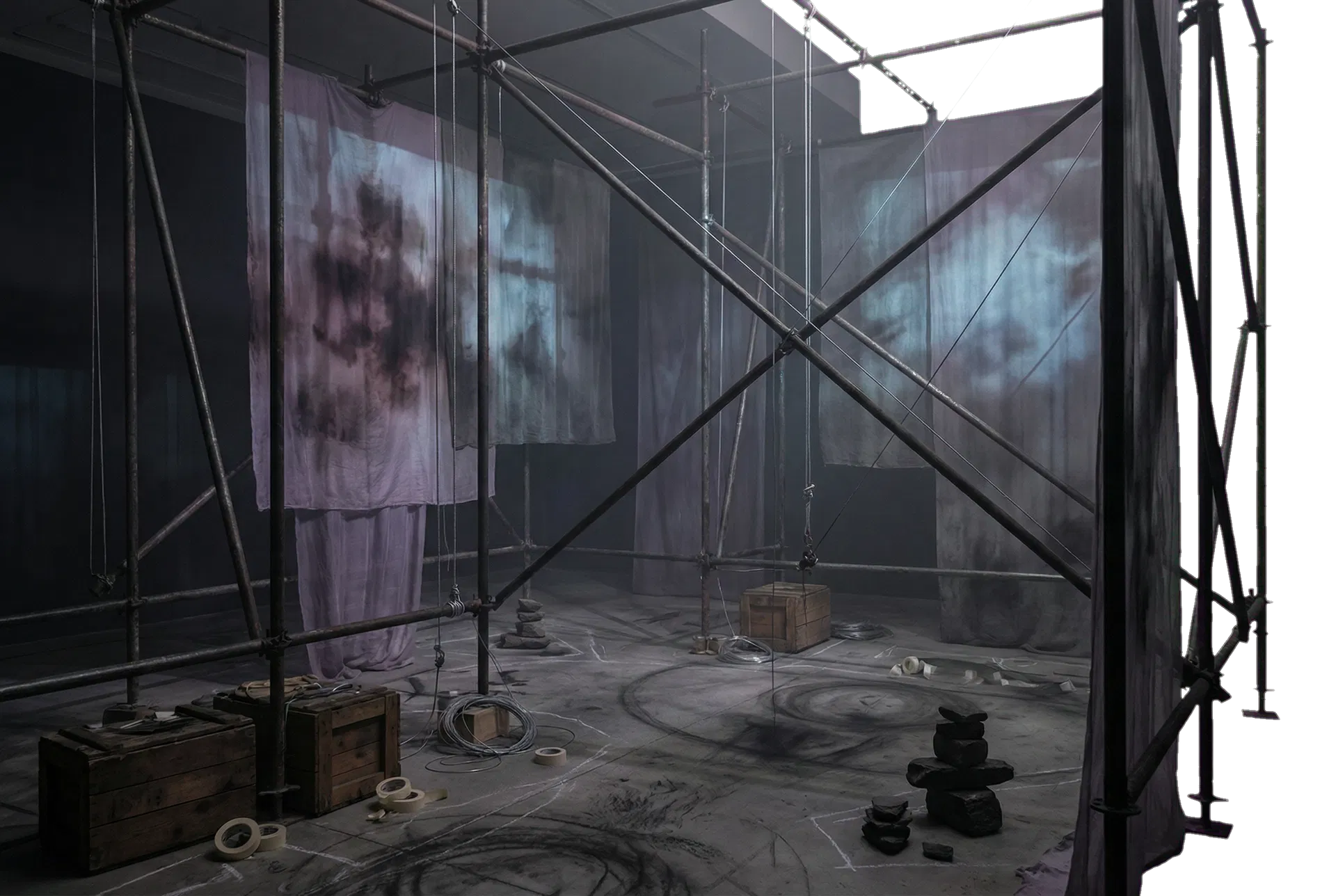 Process environment with rigging lines, translucent planes, and traces on the floor