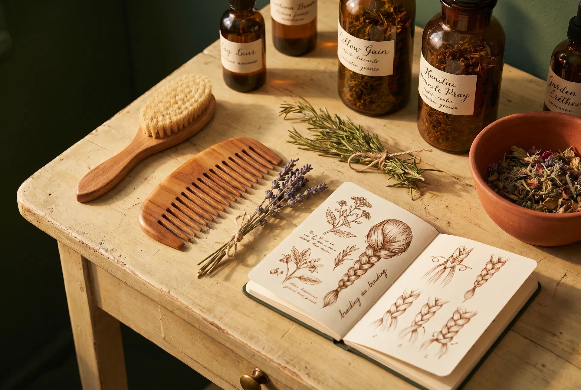 Hair styling tools — wooden comb, brush, botanical oils and technique book
