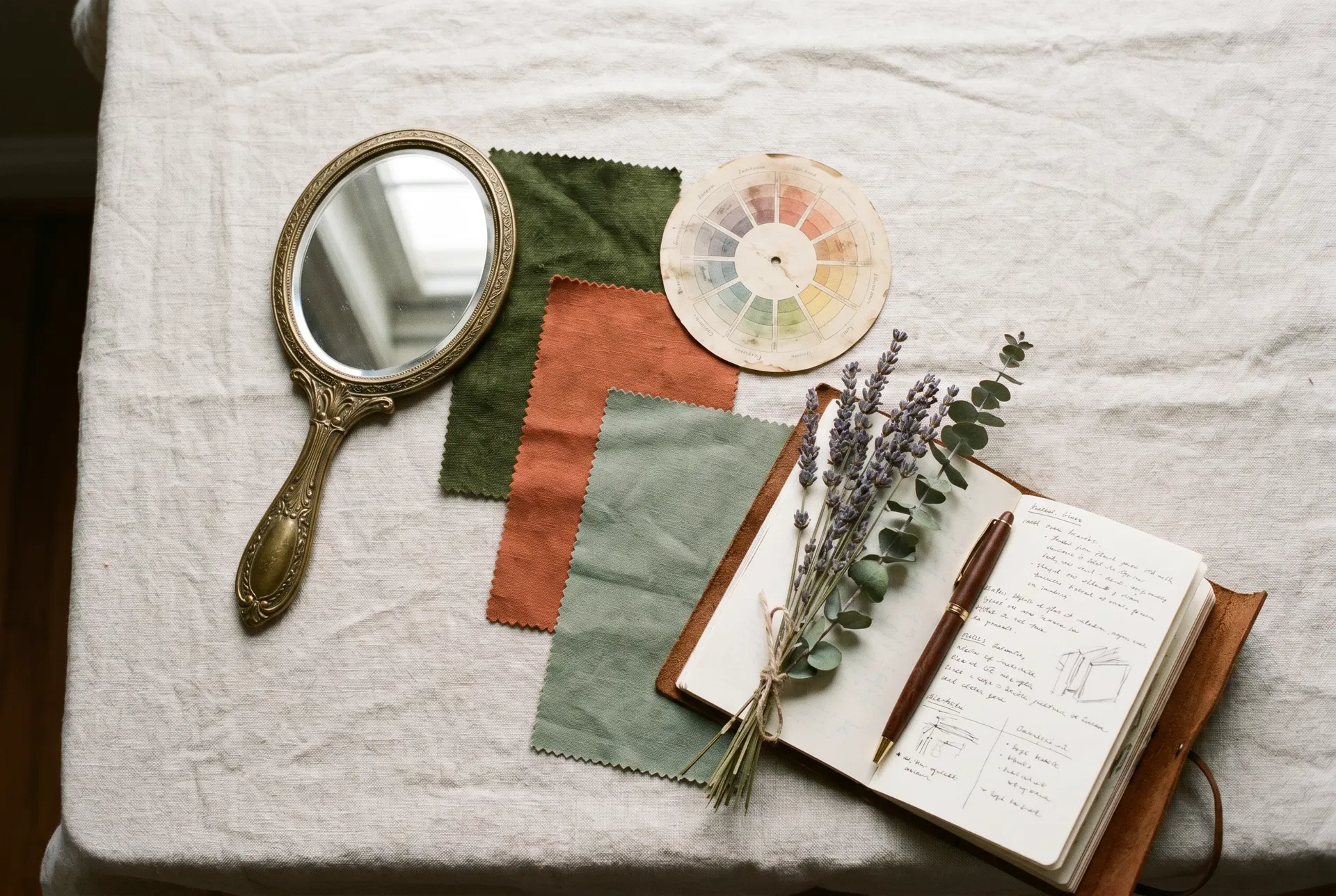 Image consulting tools — colour swatches, mirror, and notebook