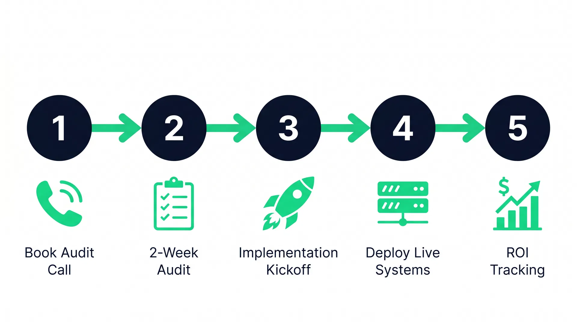 5-step process: Book Audit → 2-Week Audit → Implementation Kickoff → Deploy Live Systems → ROI Tracking