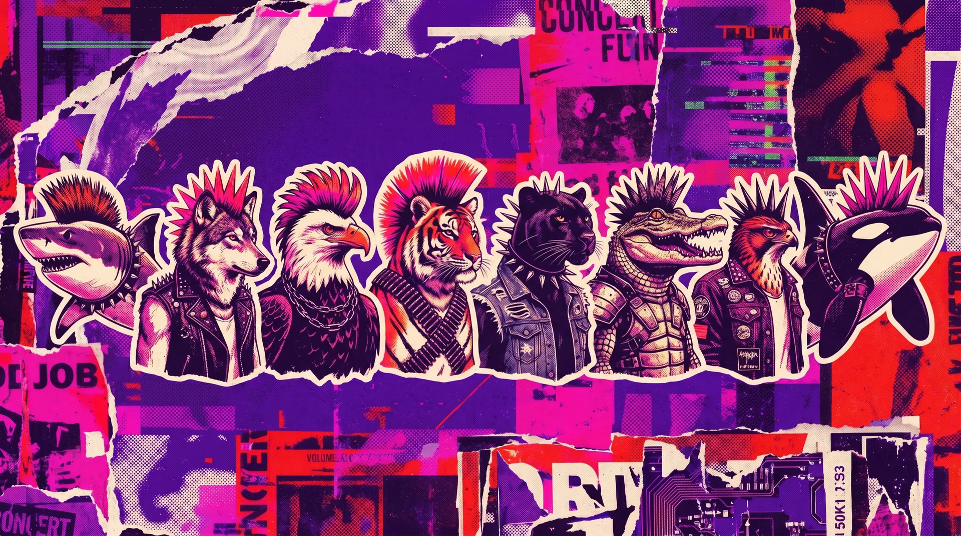 Eight punk-styled apex predators in a collage lineup