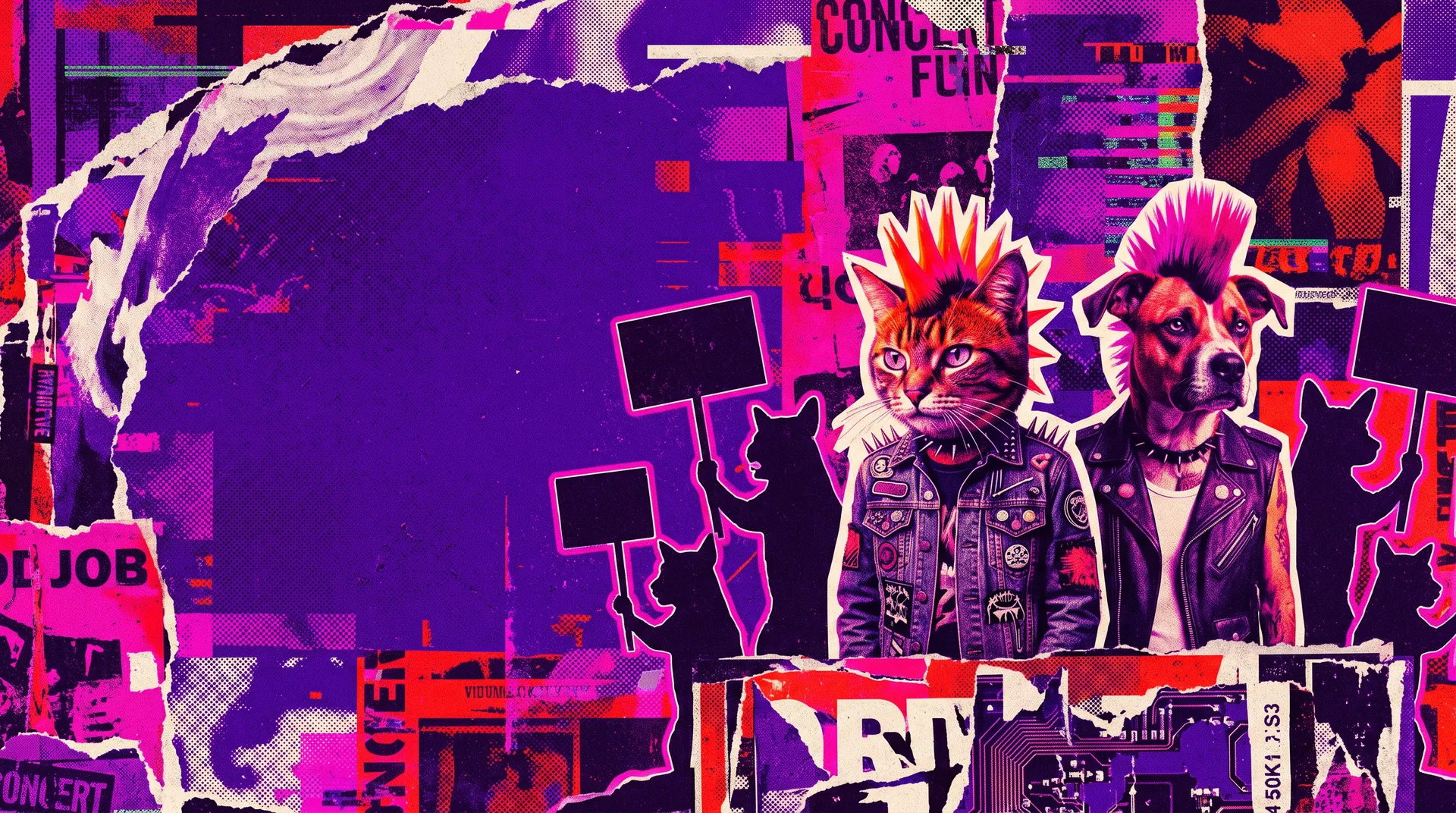 Punk cat and dog leading a surreal uprising