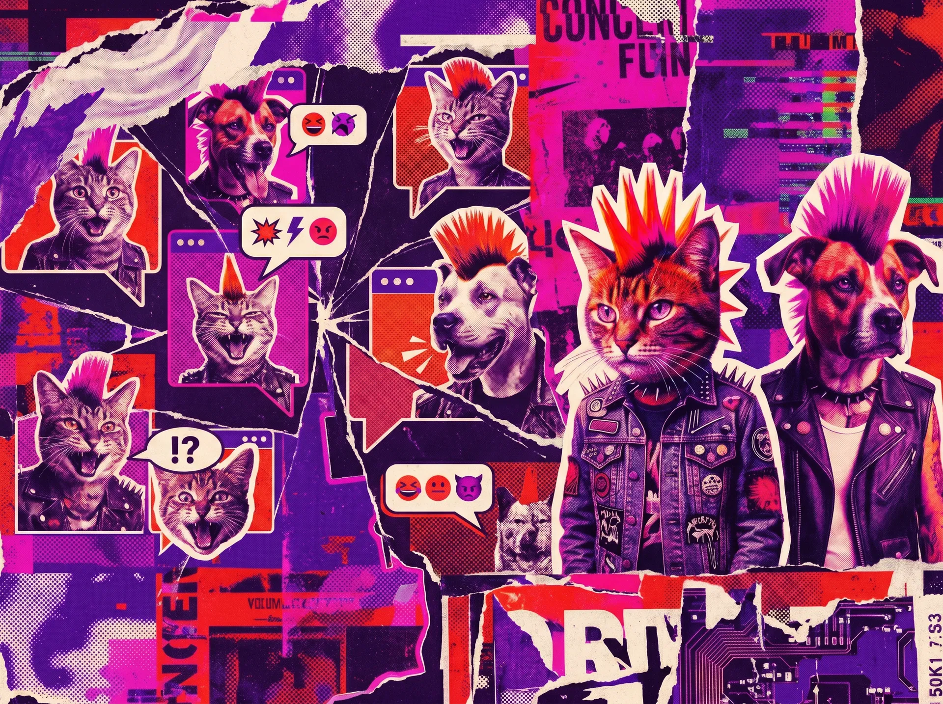 Punk startup collage with cat and dog motifs