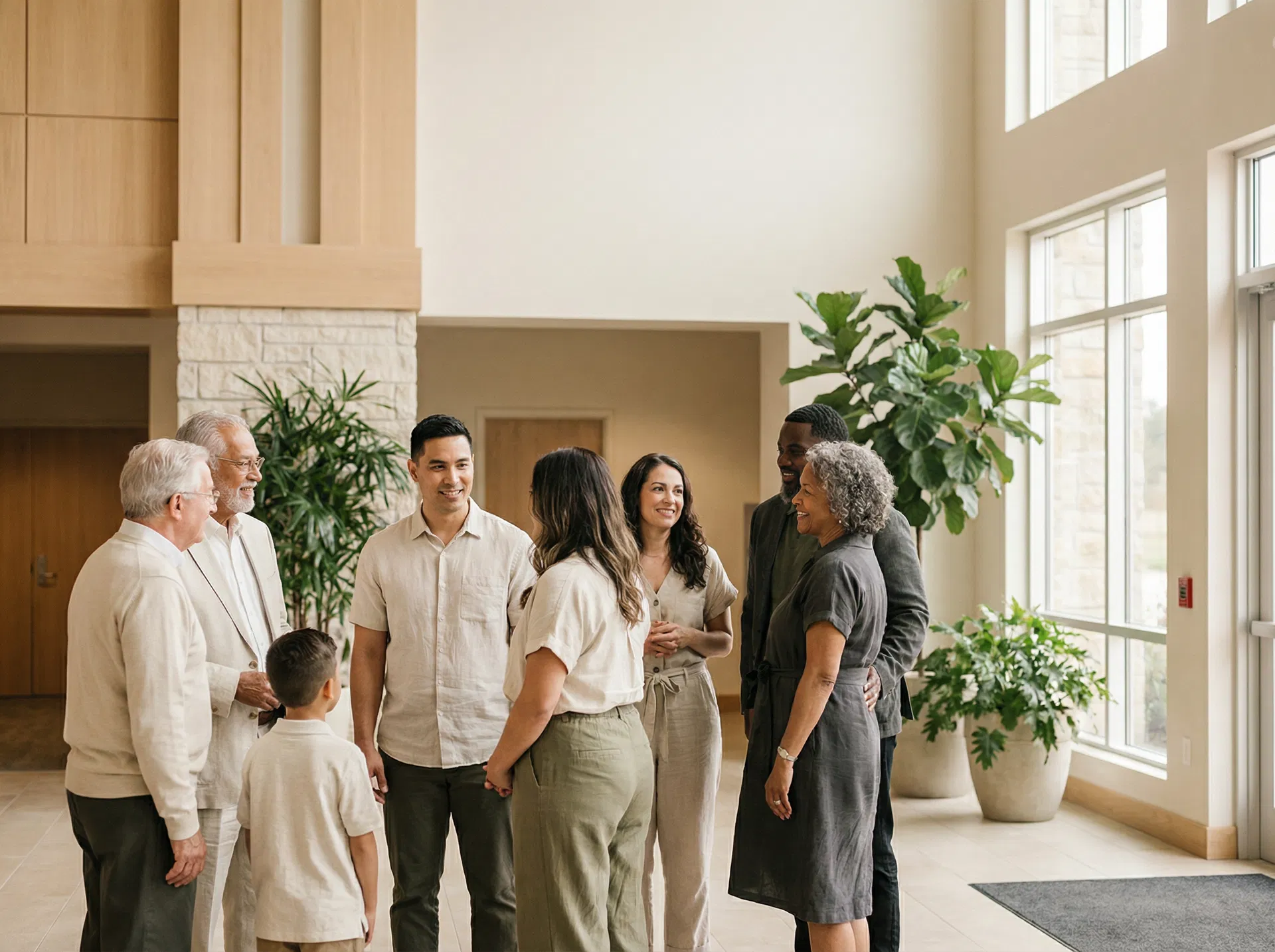 Church community connecting in a warm and modern space