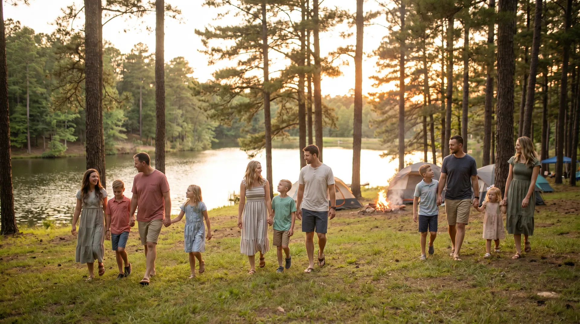 Families walking together at a lakeside summer camp