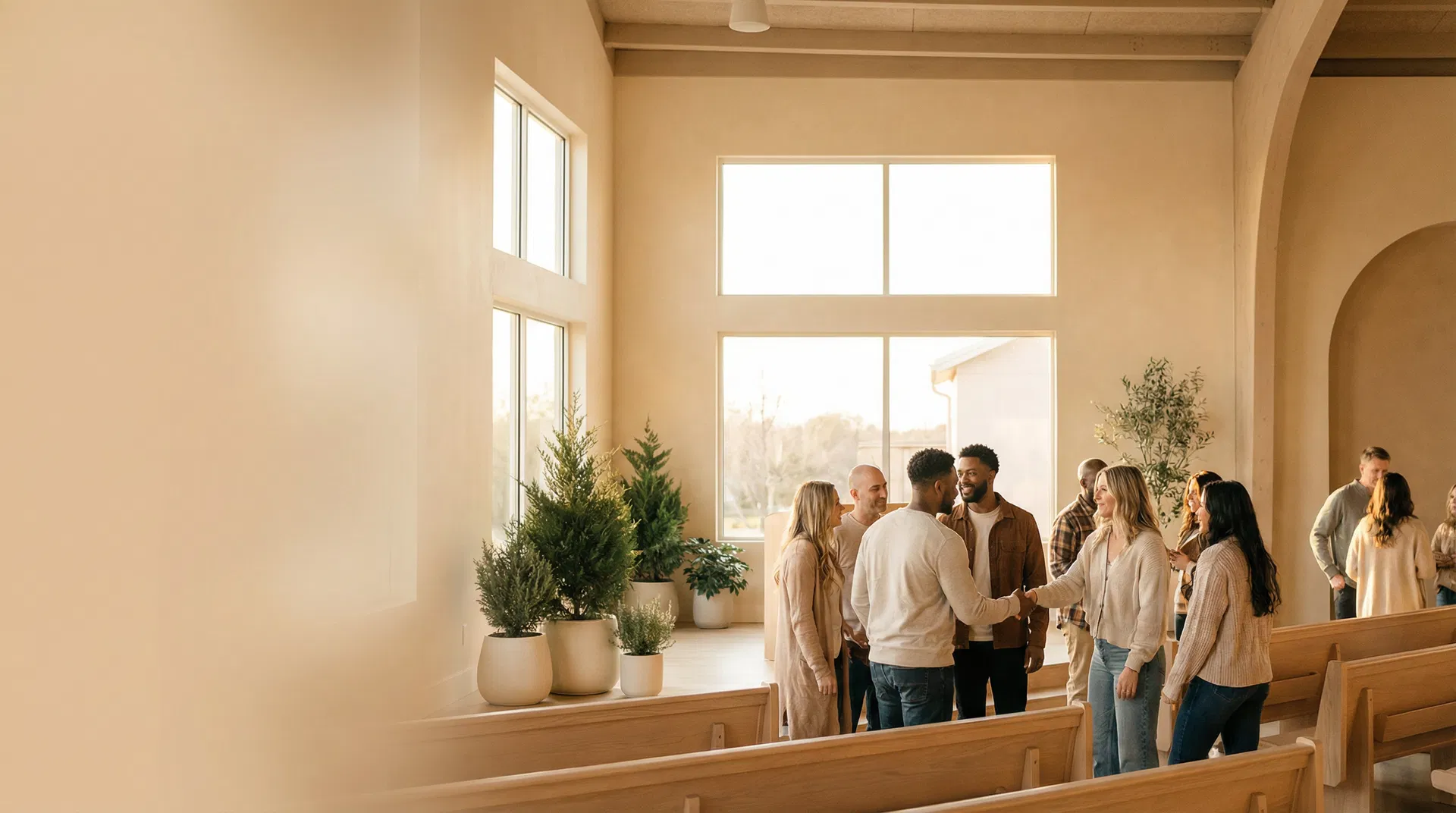Welcoming church worship space with people gathering together