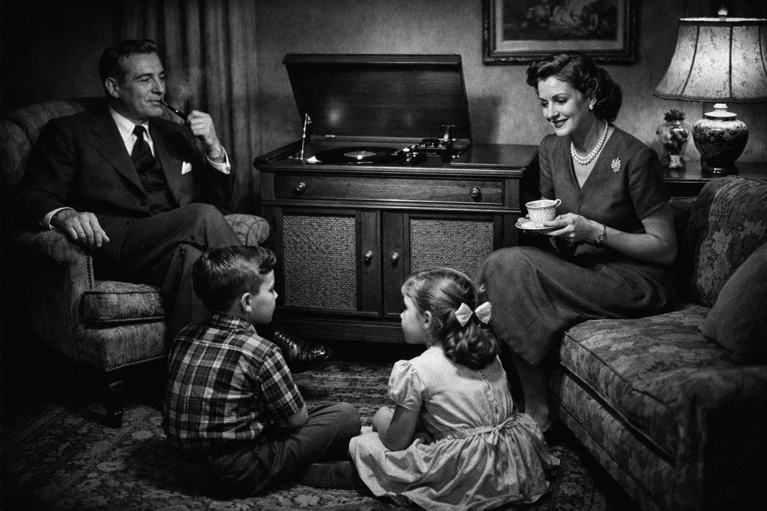 A family gathered around a record player on a Sunday afternoon