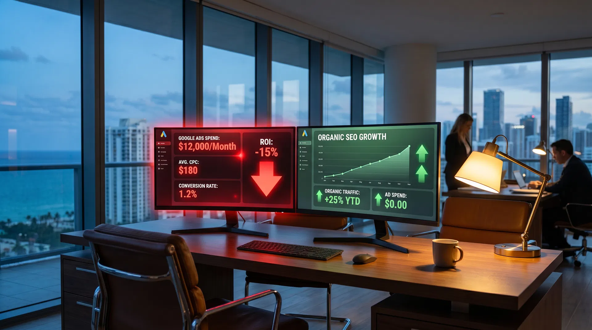 Law firm marketing dashboard showing high Google Ads spend vs organic SEO growth — South Florida attorney marketing ROI comparison