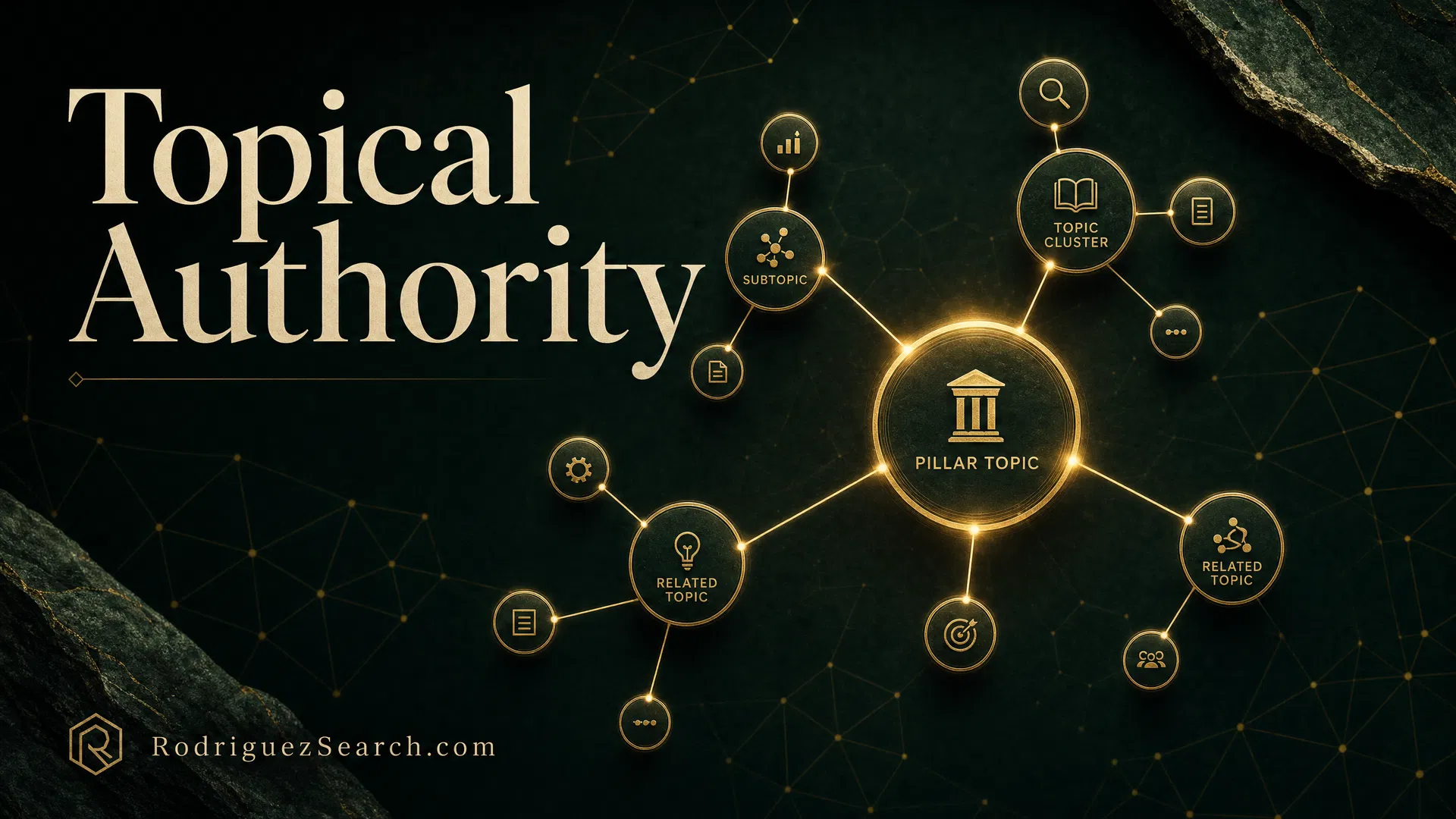 Topical authority SEO — interconnected content cluster diagram on dark green background