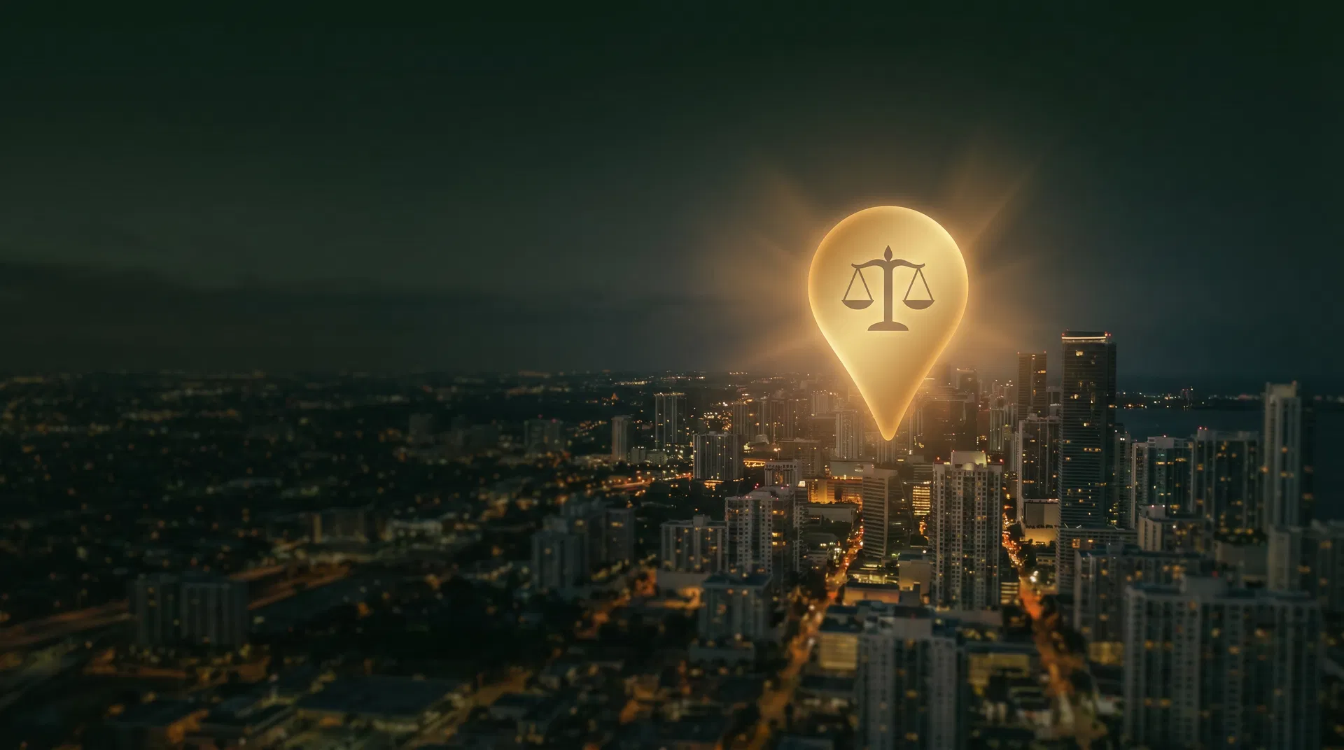 South Florida skyline at night with a glowing Google Maps pin bearing the scales of justice